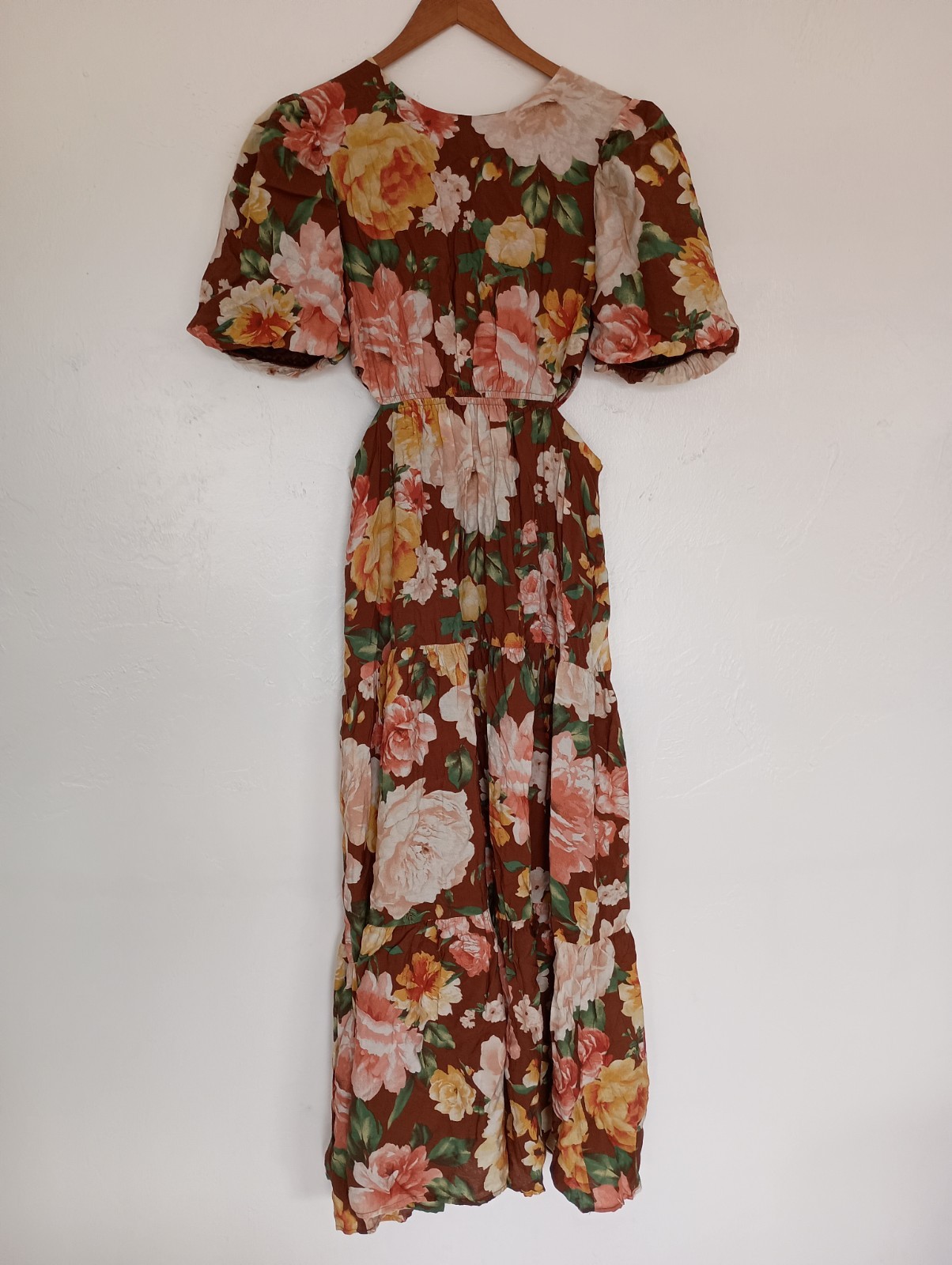 Anthro by the River Floral Puff Sleeve Cut-Out Midi Dress S Regular A-Line Maxi