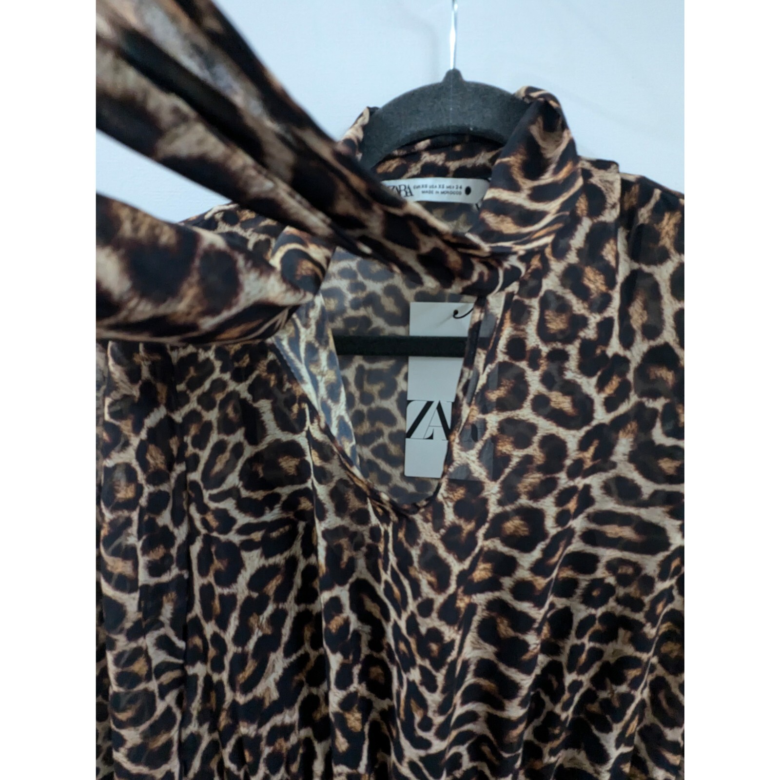 ZARA Cheetah Print Long Dress With Neck Tie Women’s Size XS