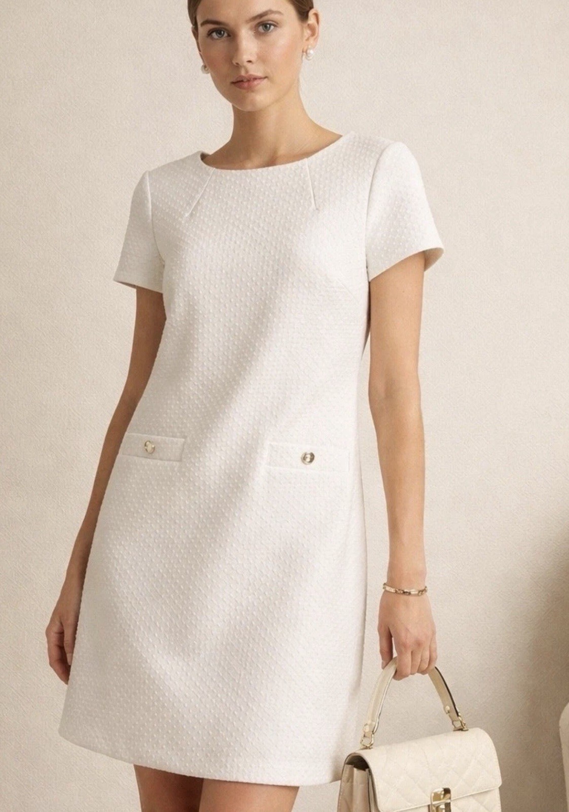Tommy Hilfiger Shift Dress Women 12 White Textured Piqué Gold Button Old Money