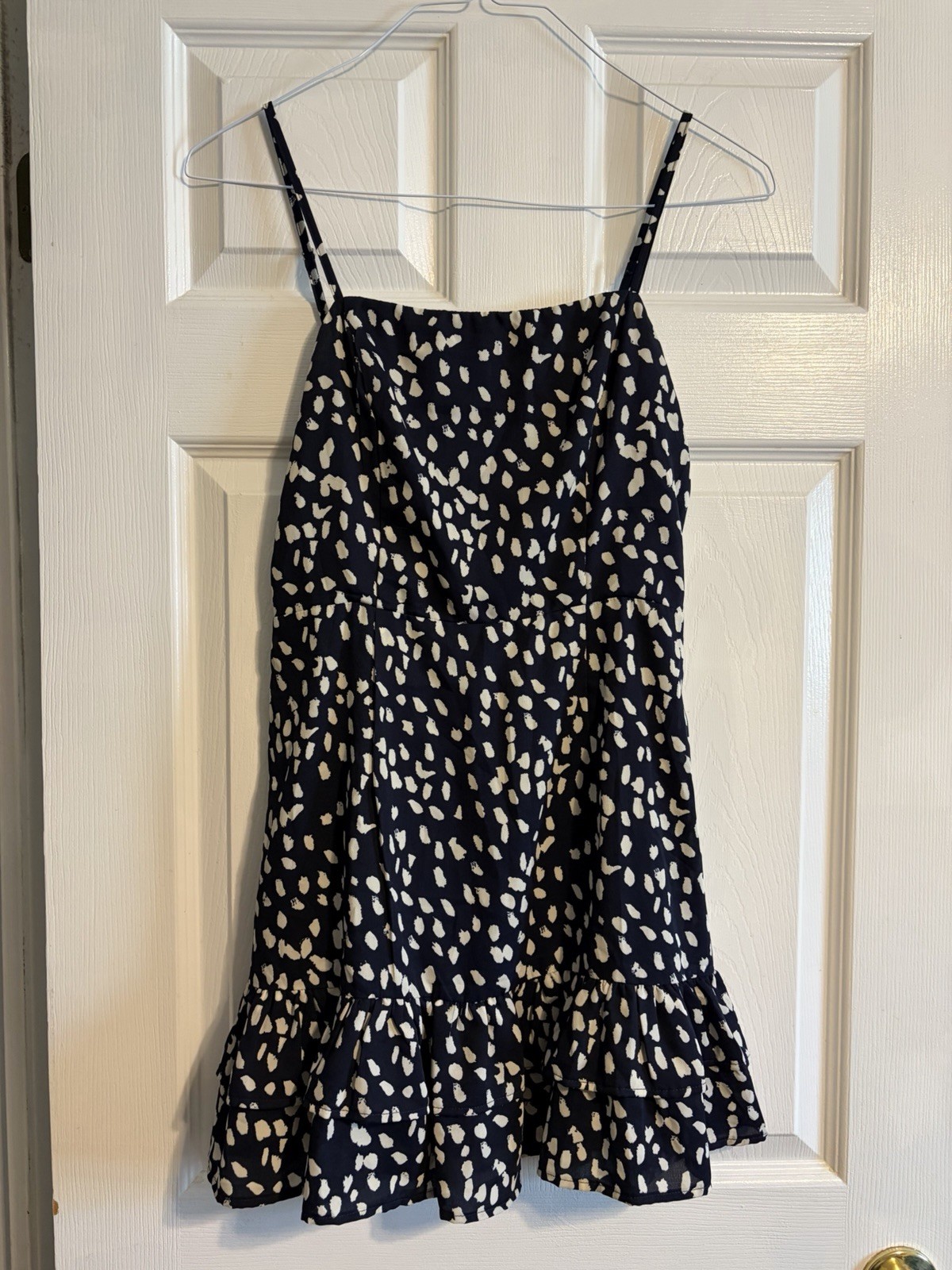 Polly Navy Cream Speckled Cami Ruffle Mini Dress Size 6 Sun Dress