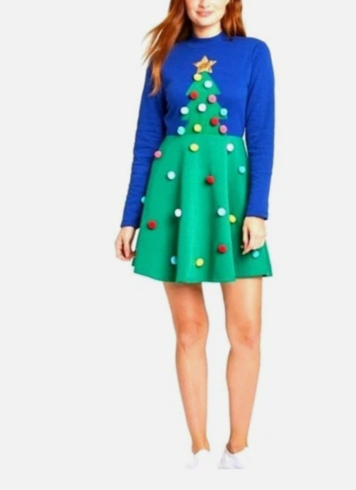 Mighty Fine Women’s Christmas Tree Pom Pom Long Sleeve Dress Sz Medium New NWT