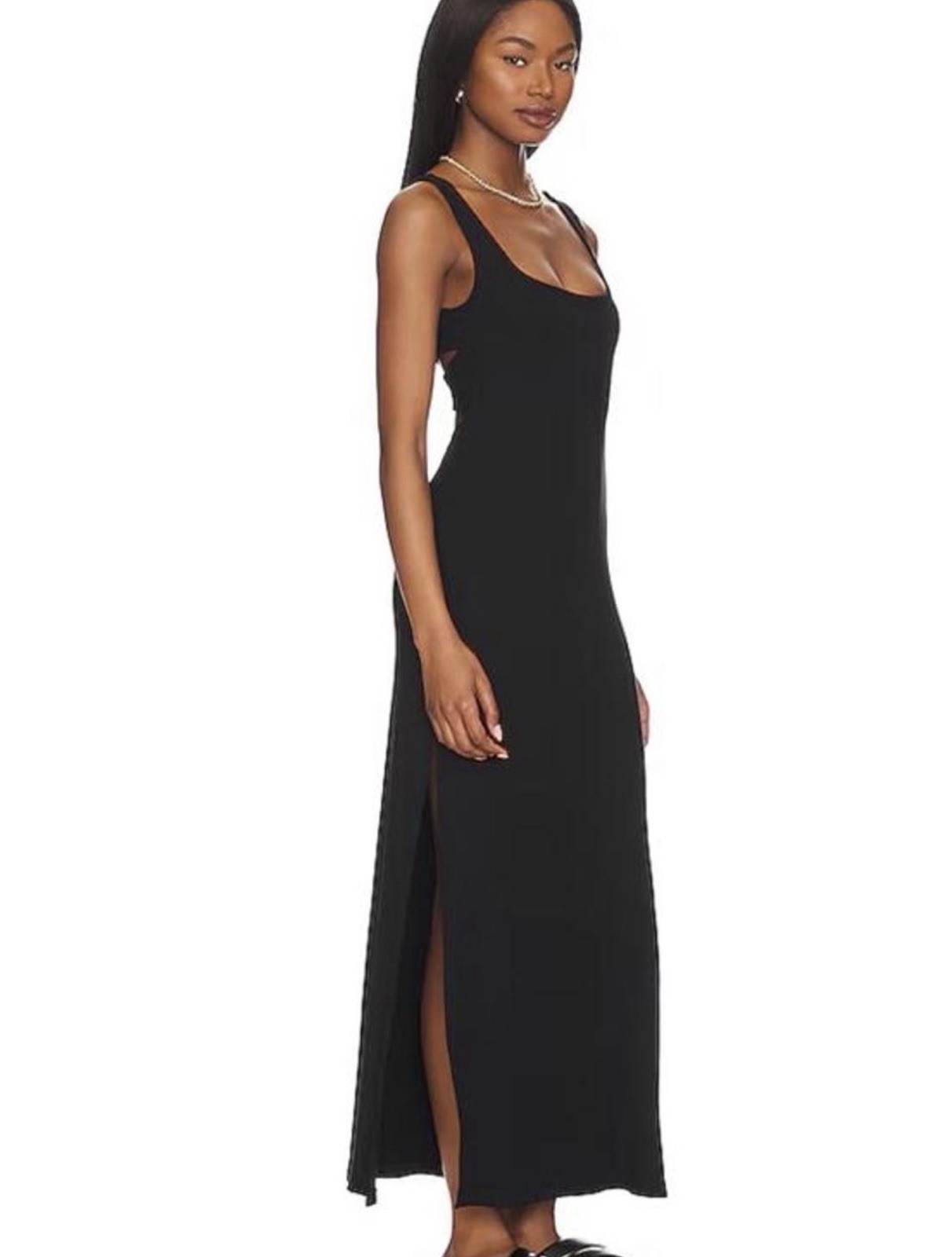 L*Space Women’s Black Solid Ribbed Knit Maxi Dress Square Neck Cut Out Slit M