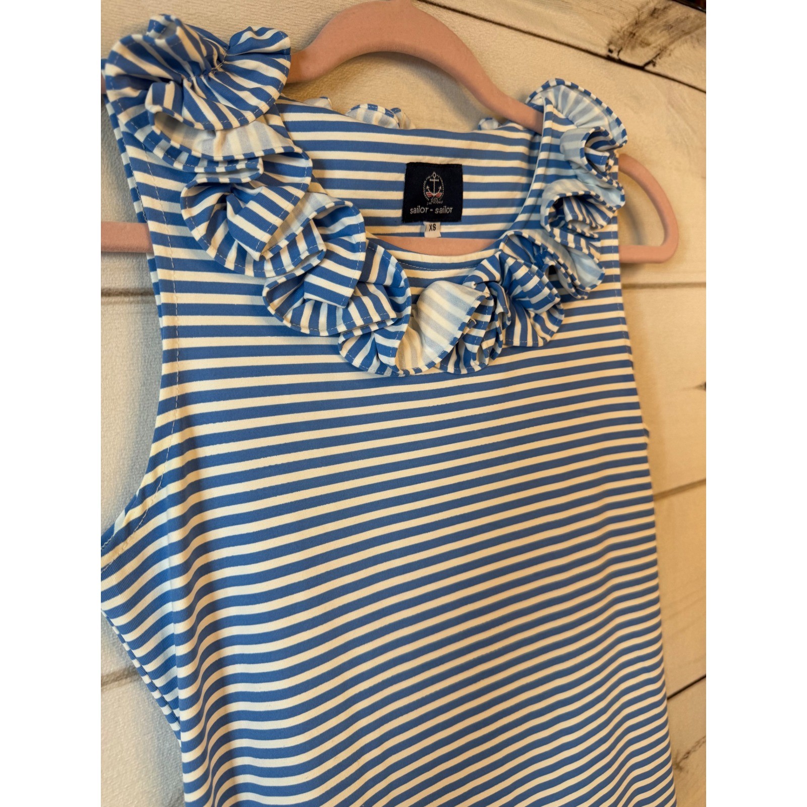 Sailor-Sailor Blue White Striped Ruffle Neck Sleeveless Shift Dress Womens XS