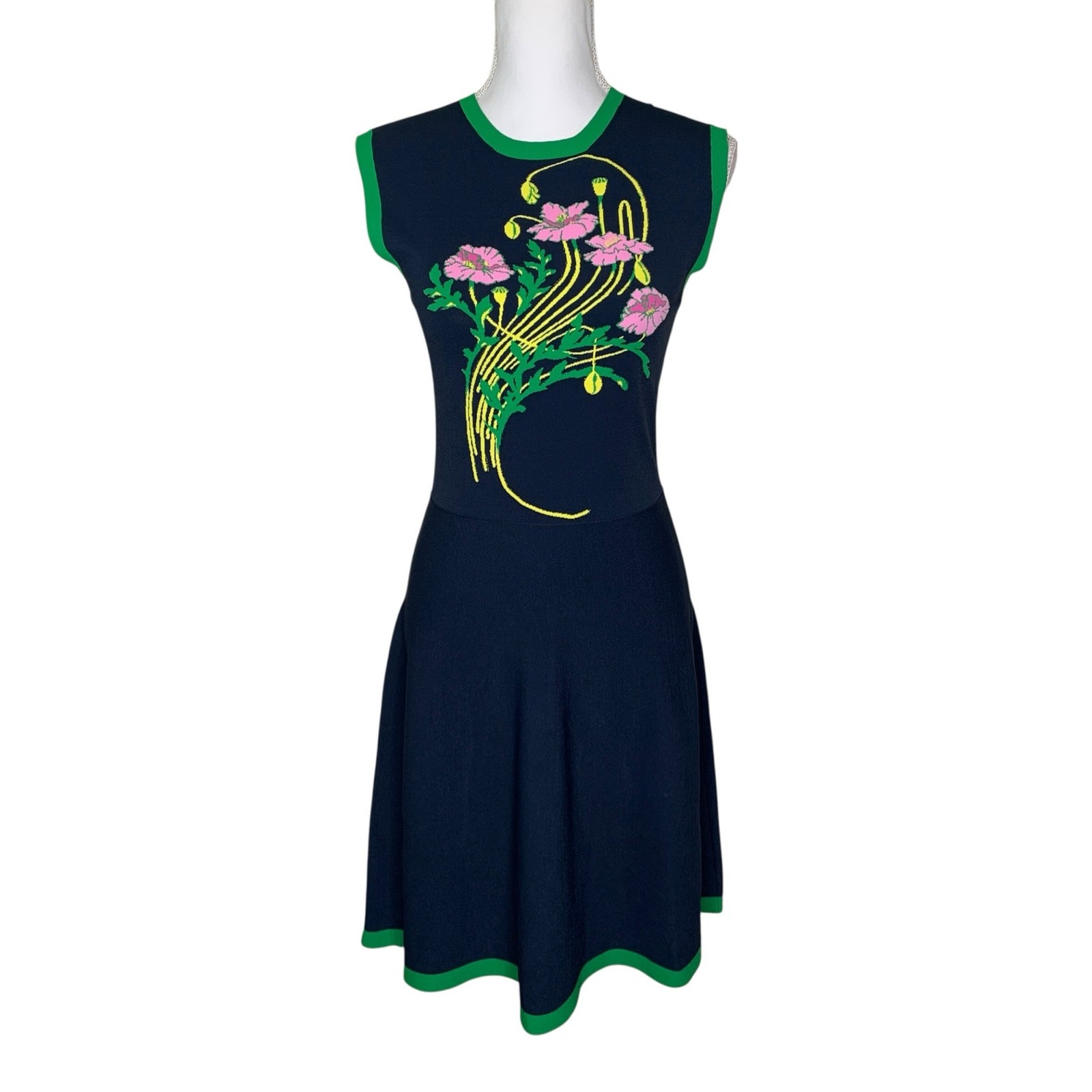 Christopher Kane Floral Graphic Knit Fit & Flare Dress Blue Green Size S Italy