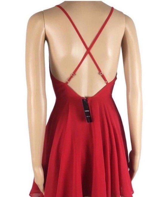 NWT Bebe Red Chiffon V-Neck Keyhole Cross-Back Mini Skater Dress SZ 0 retail $98