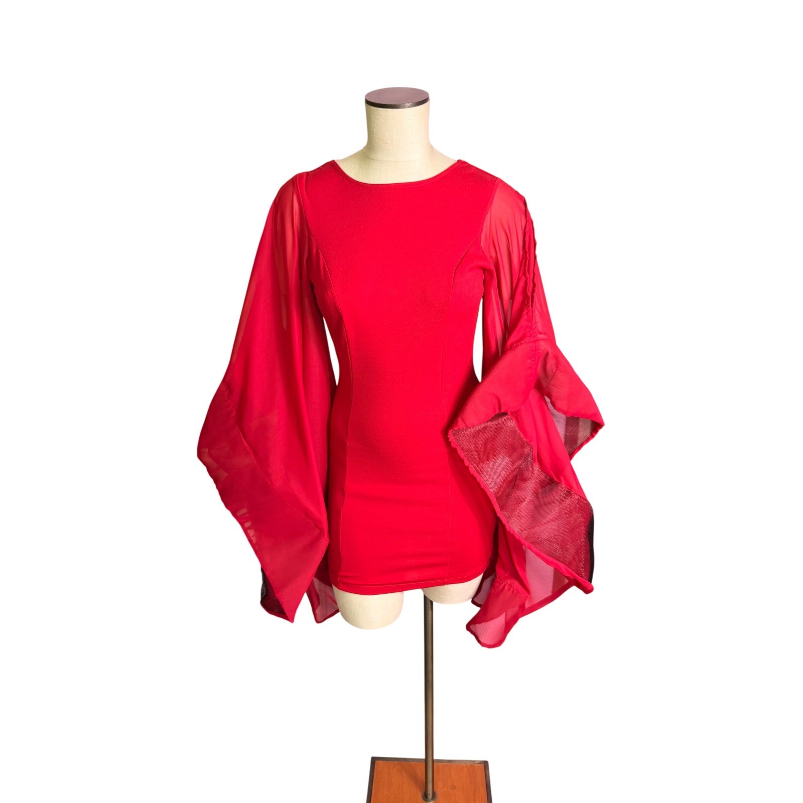 Unbranded Dramatic Mesh Bell Sleeve Mini Dress XS Red Open Back Bodycon Party