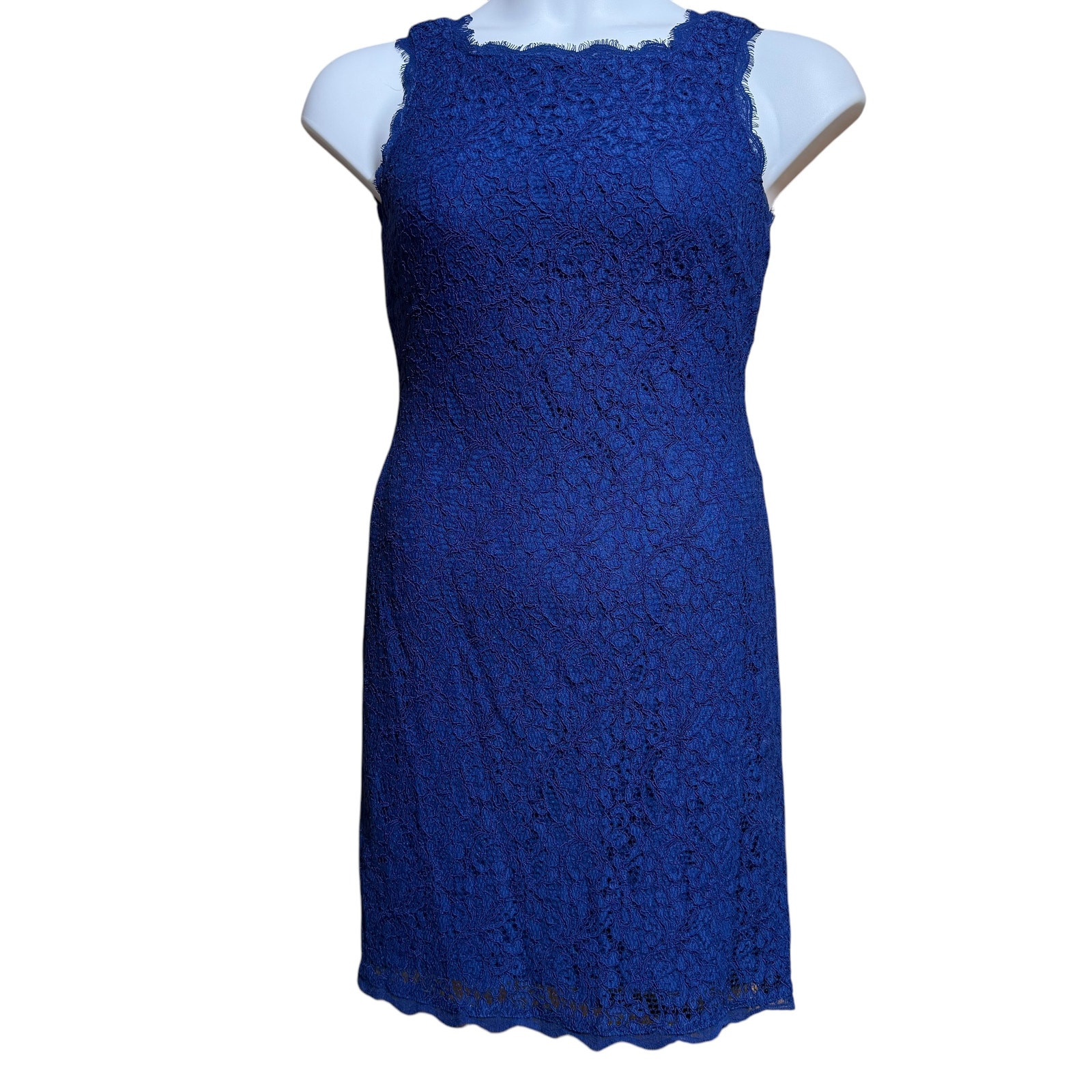 Adrianna Papell Evening Royal Blue Bateau Neck Lace Sheath Dress – Size 4