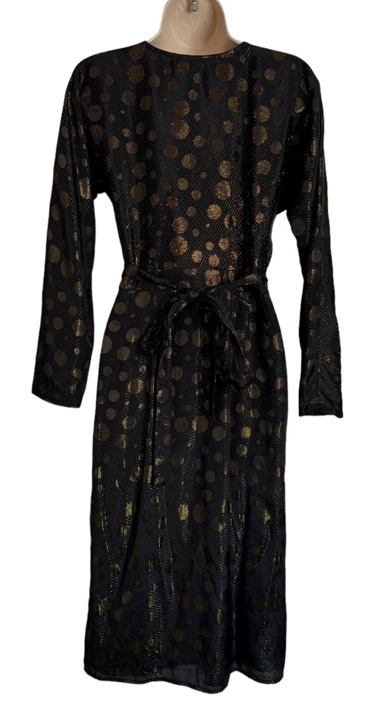 New Modcloth Golden Record Party Wrap Dress Womens Size small belted black gold