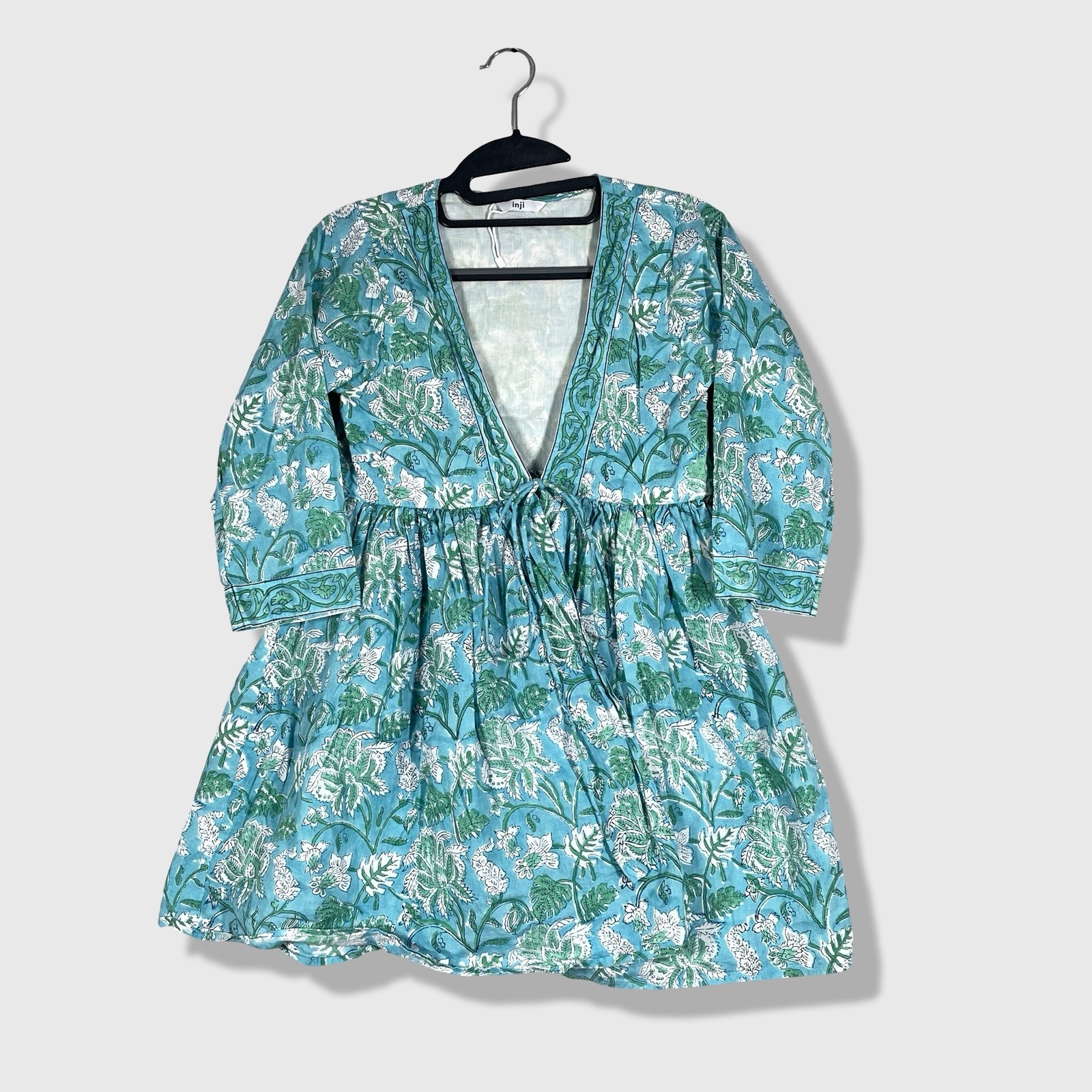 Inji Floral Mini Dress Women Small Blue Green Boho Block Tie Front Vacation