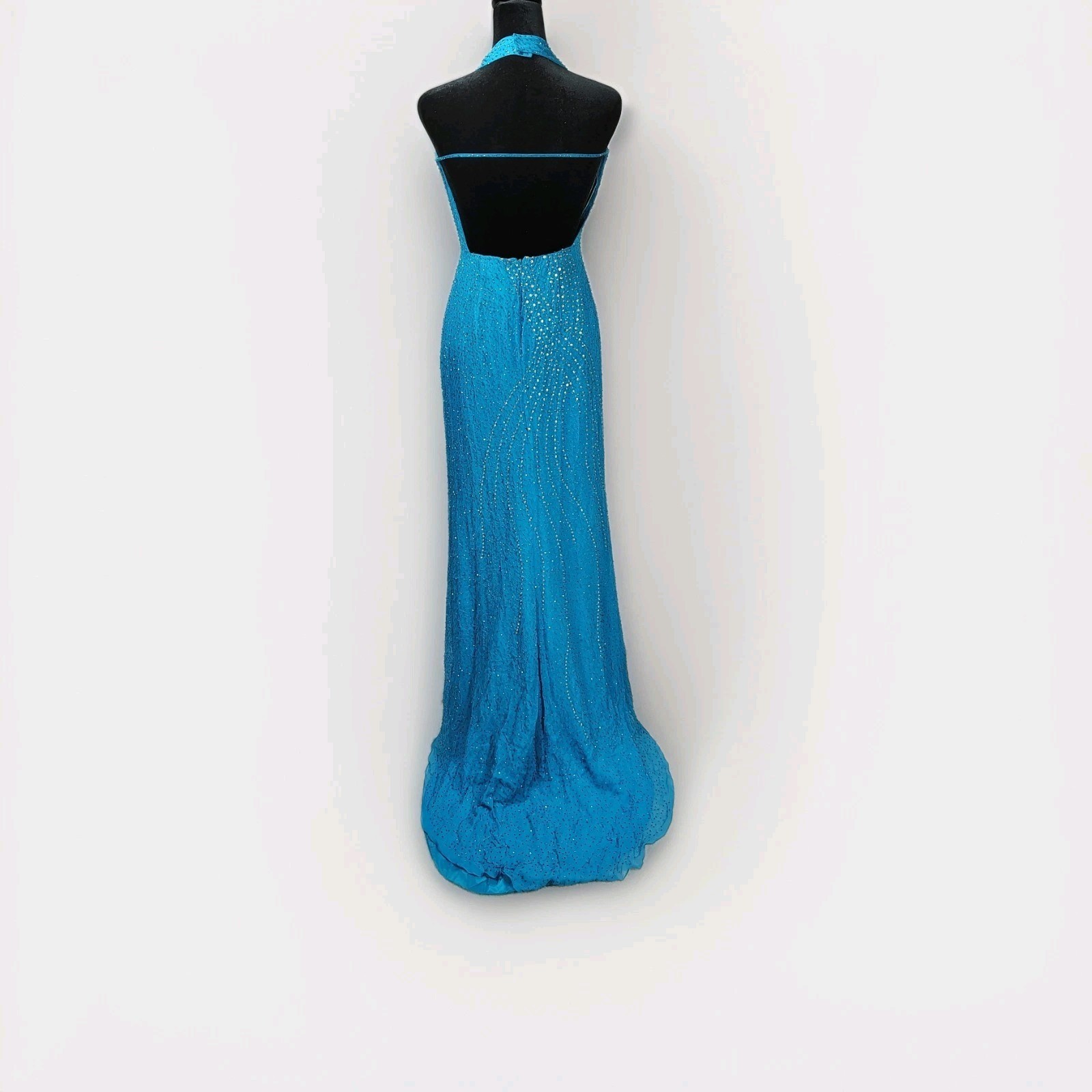 Tiffany Design Beaded Silk Prom Halter Dress Maxi Gown 4 Blue Fairy Glam