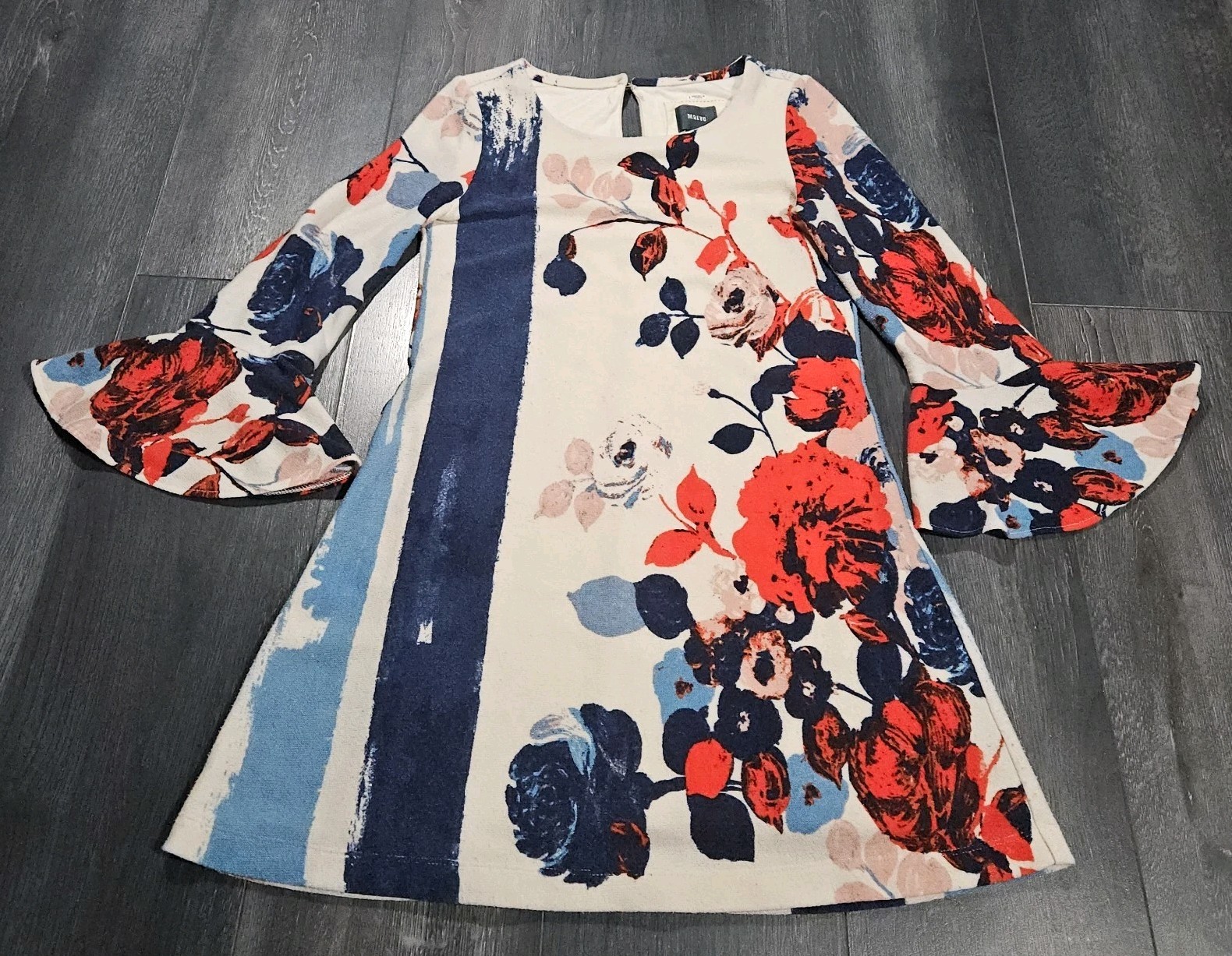 Maeve Anthousia Knit Swing Dress Women XSP Tan Stretch Floral Artsy Bell Sleeve