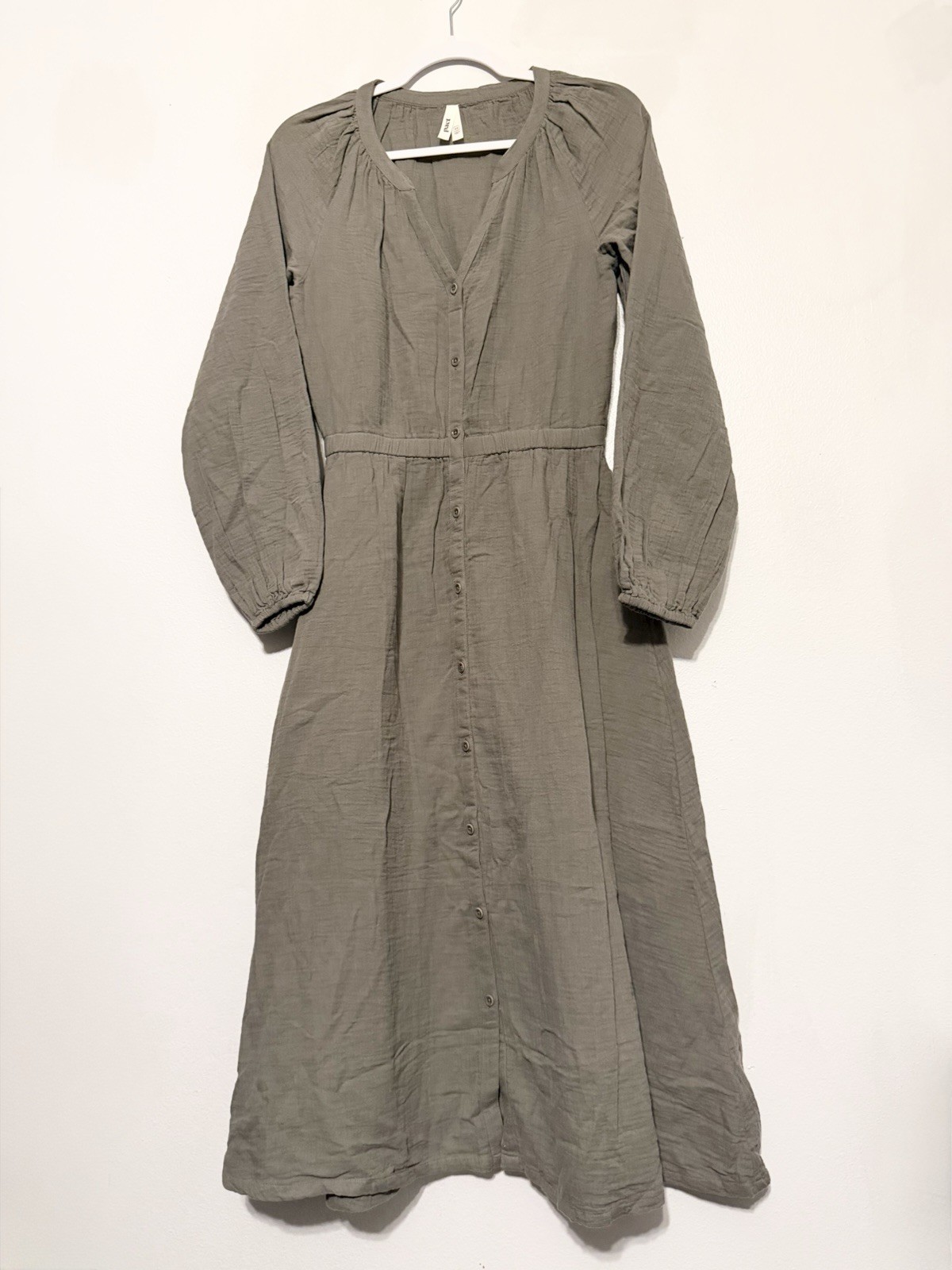 Pact Coastal Double Gauze Poet Sleeve Maxi Midi Dress XS Castor Olive Green