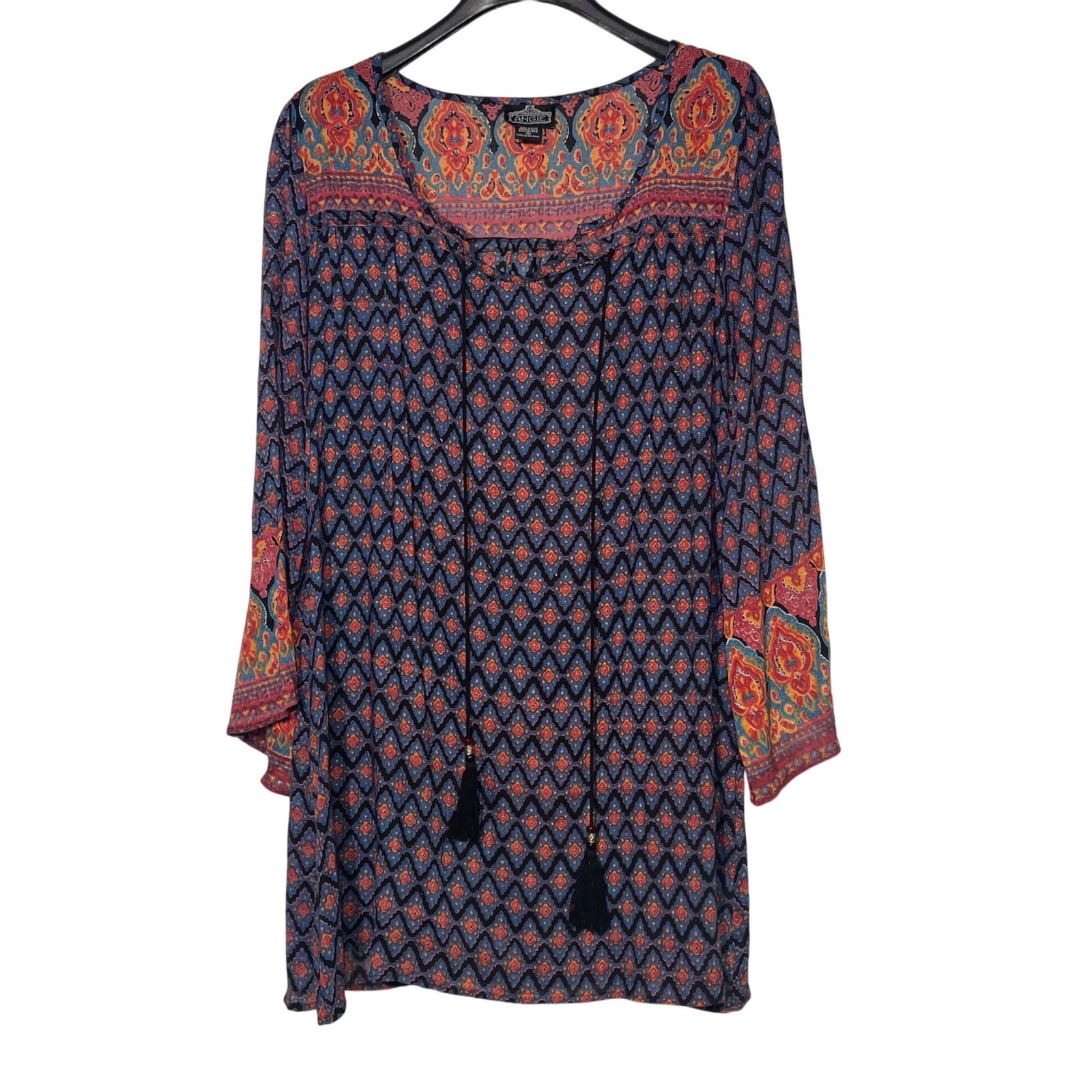 Angie Boho Tunic Mini Dress Sz SM Wide Sleeve Tassel India Gypsy Hippie