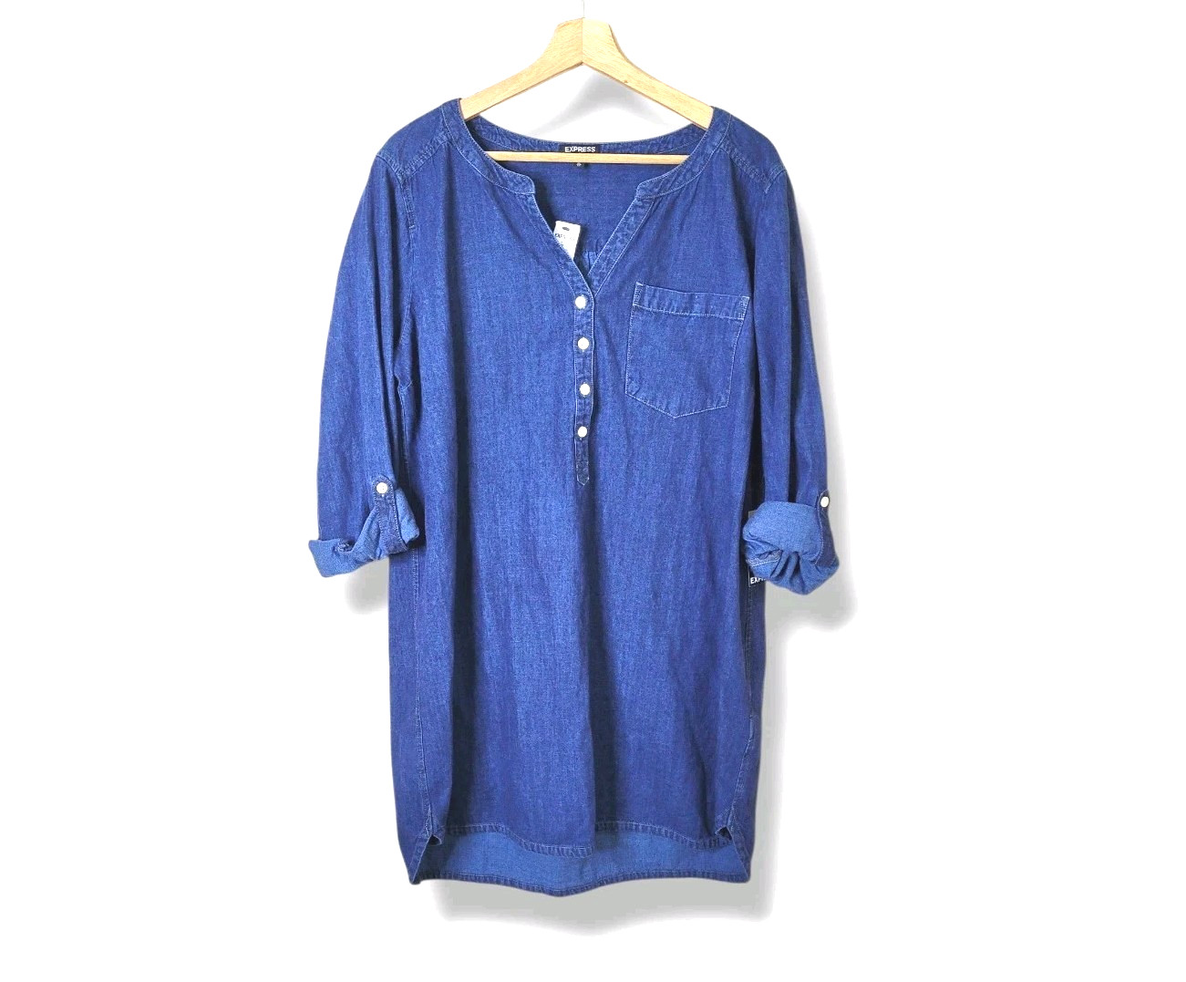 Express Long Sleeve Casual Denim Shirt Dress Size XL 100% Cotton V-Neckline NWT