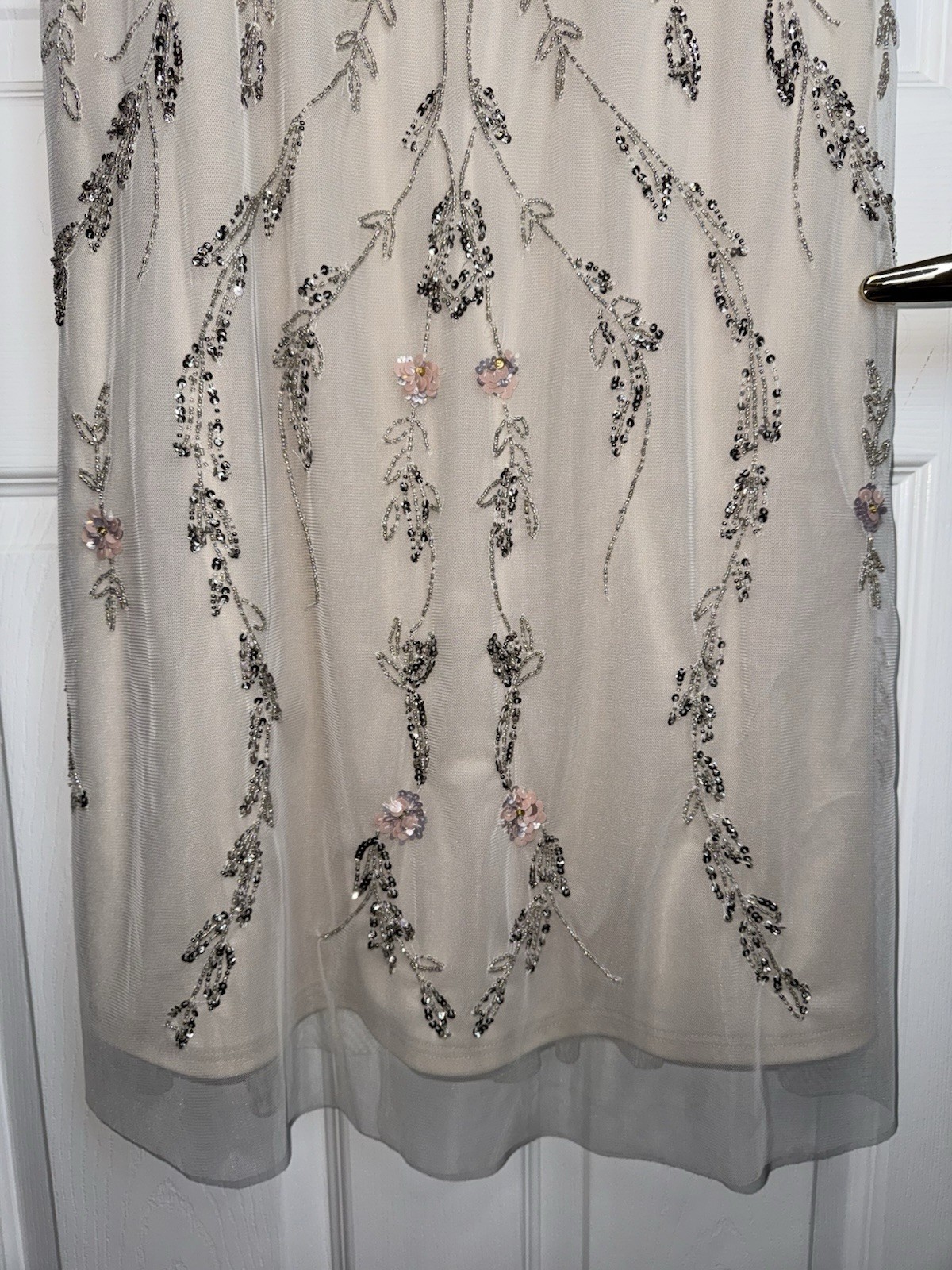 ADRIANNA PAPELL Ivory Pink Silver Embellished Beaded Floral Mesh Blouson Gown 6