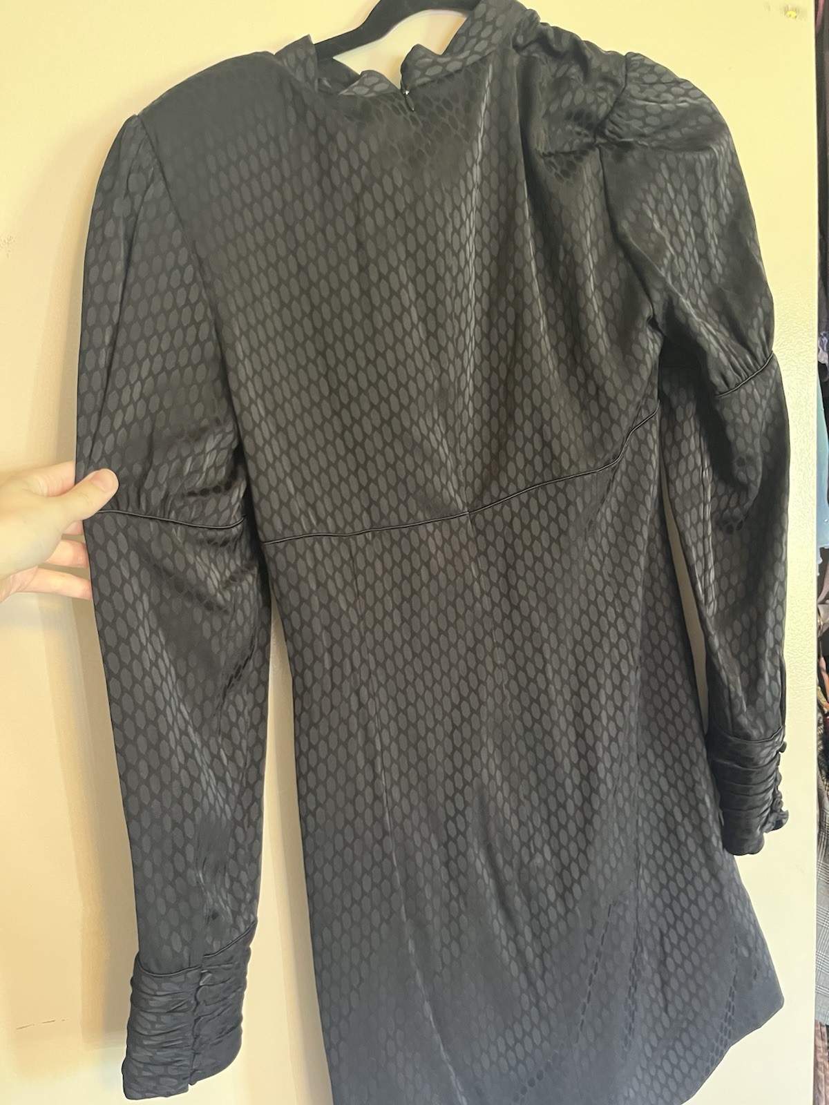 Alexis Black Geometric Ruched Bodycon Mini Puff Sleeve High Neck Tie Zip L