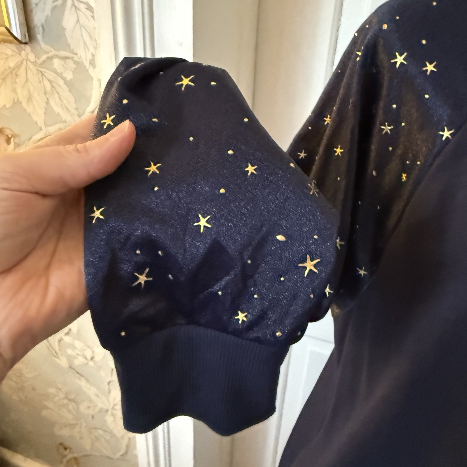 Umgee Midnight Blue Knit Star Print Balloon Sleeve Crew Neck Shift Dress S