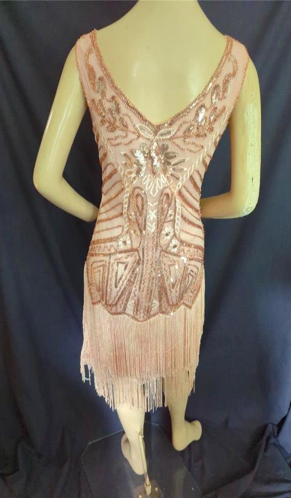 20’S STYLE PINK SEQUIN FRINGED LINED STRETCH PROM PARTY DRESS 34″ BUST