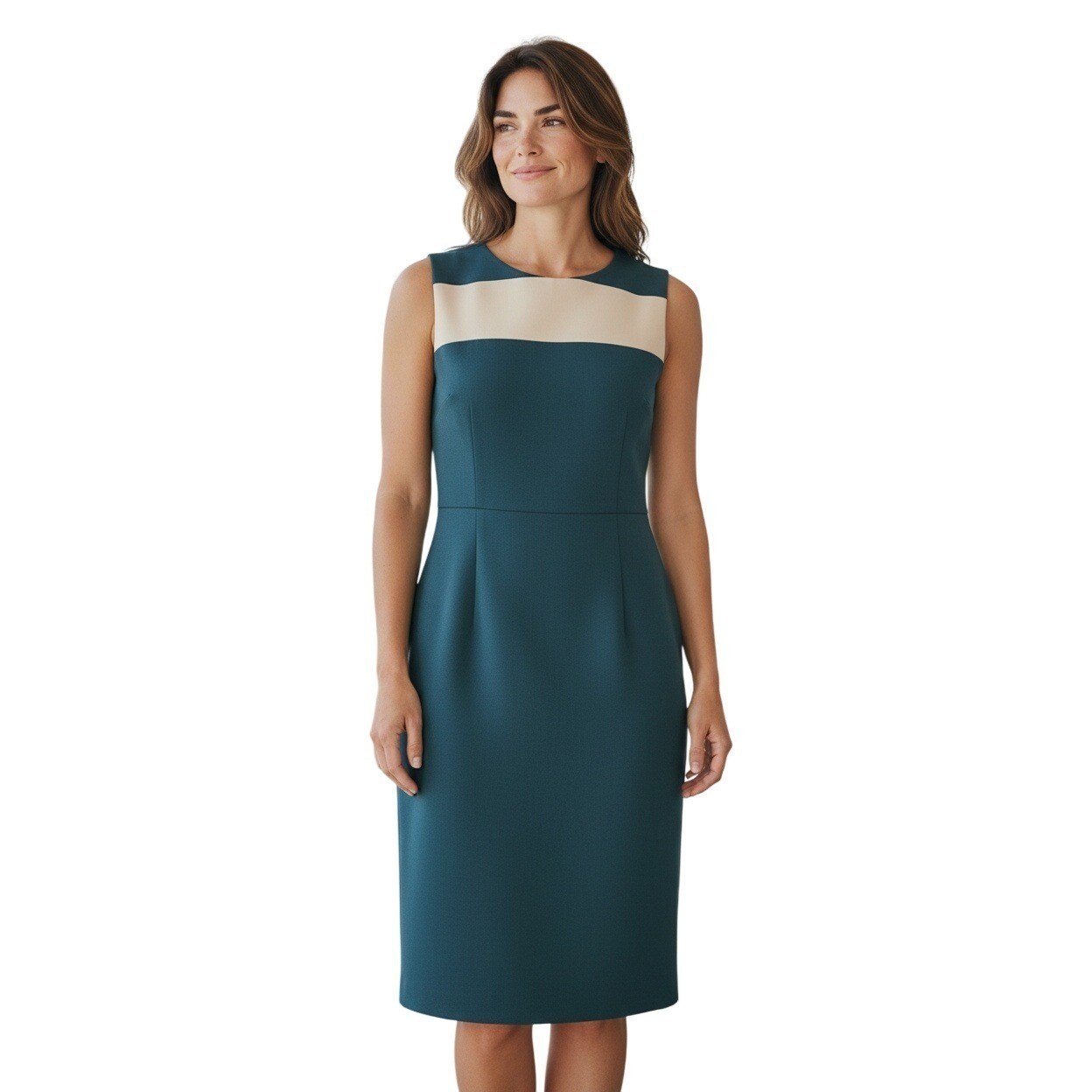 VTG Anne Klein Teal Ivory Colorblock Sheath Dress Slveless Zip 6 Career Classic