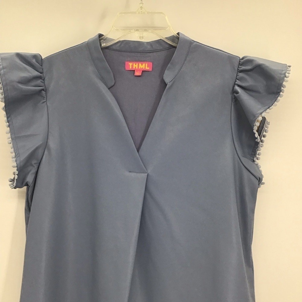 THML Wome’s Faux Leather V-Neck Ruffle Sleeve Dress Casual Career Blue Size L