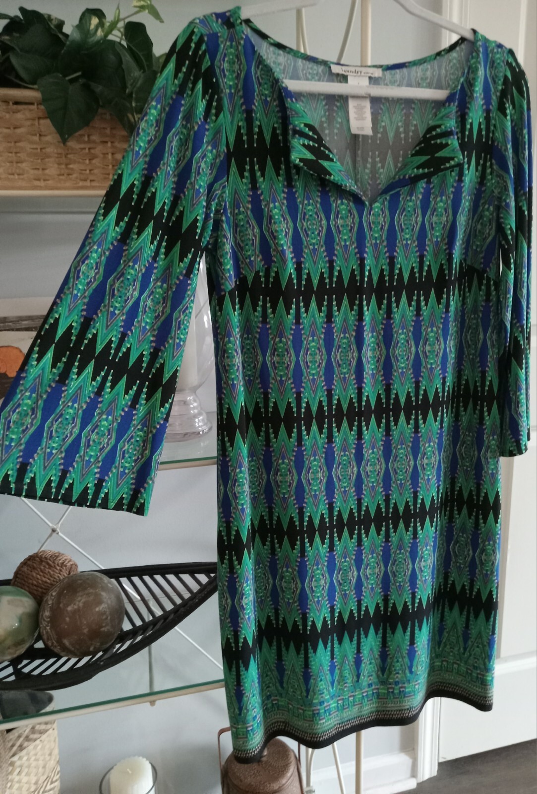 Laundry by Design Geometric Ikat Shift Dress Blue Green Sz 8 Mod Resort Vacation