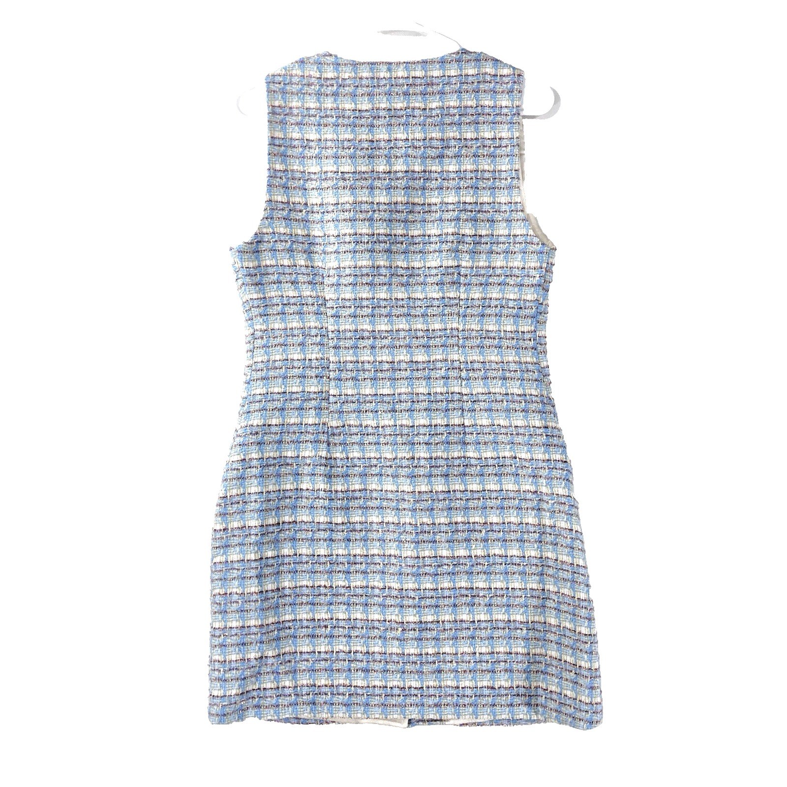 Euro Wool Tweed Pearl Button Front Woven Baby Blue Retro Dress Womens M NWT $140