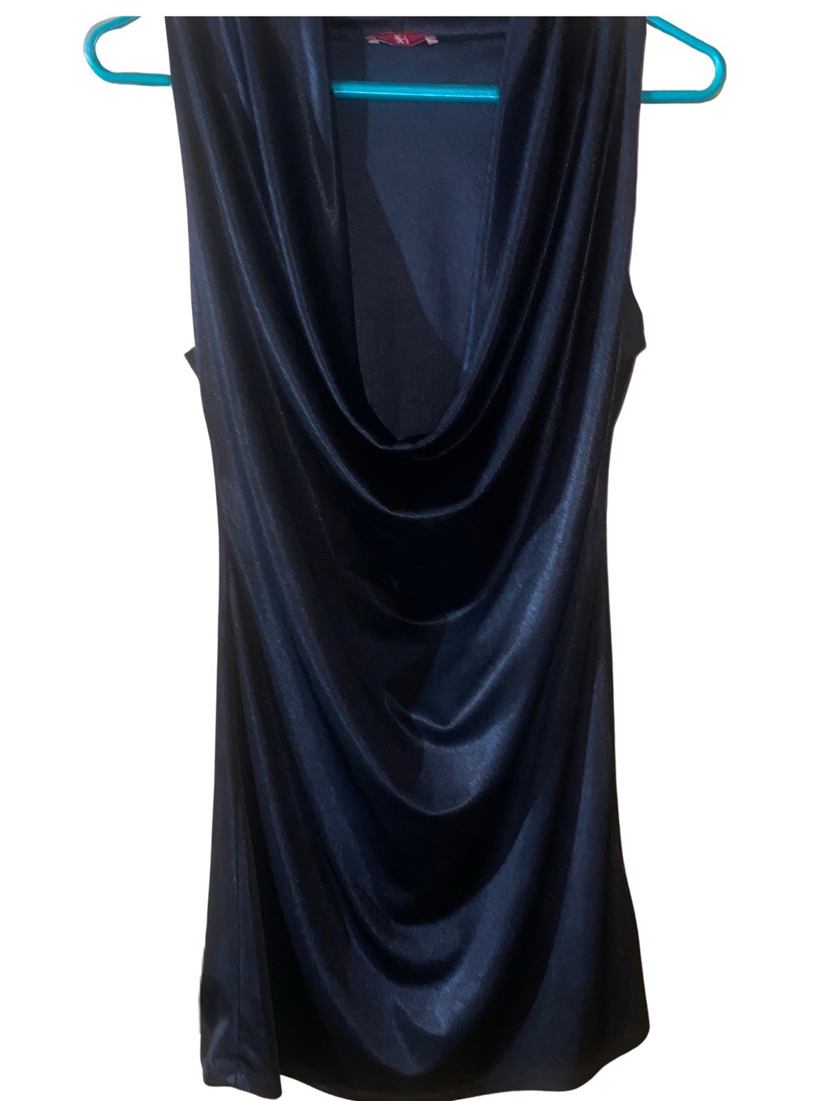VTG Y2K Xi Black Glitter Jersey Extreme Plunge Cowl Neck Halter Mini Dress EUC S