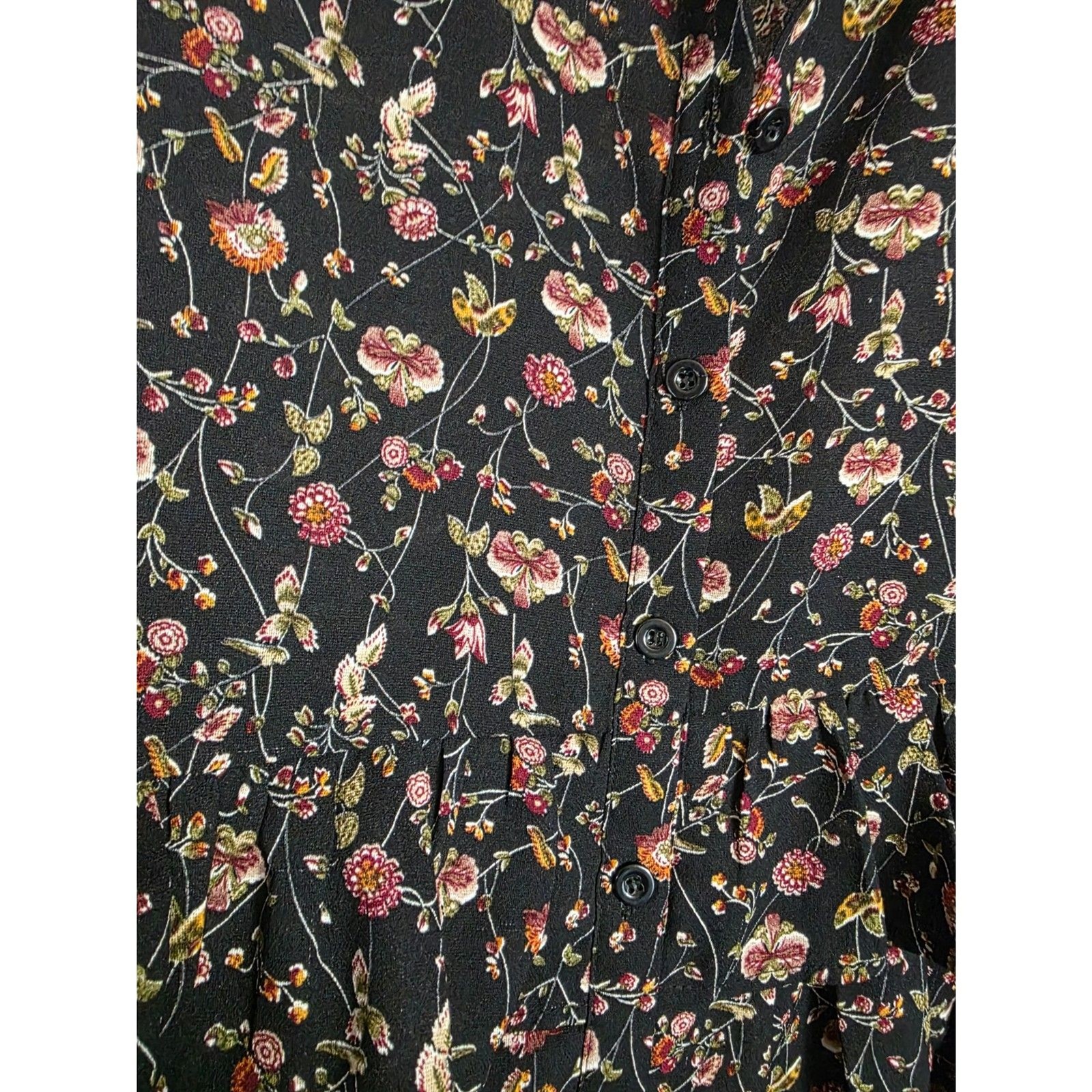 Boho Black Ditsy Floral Button Down Peplum Blouse Tiered Ruffle Top