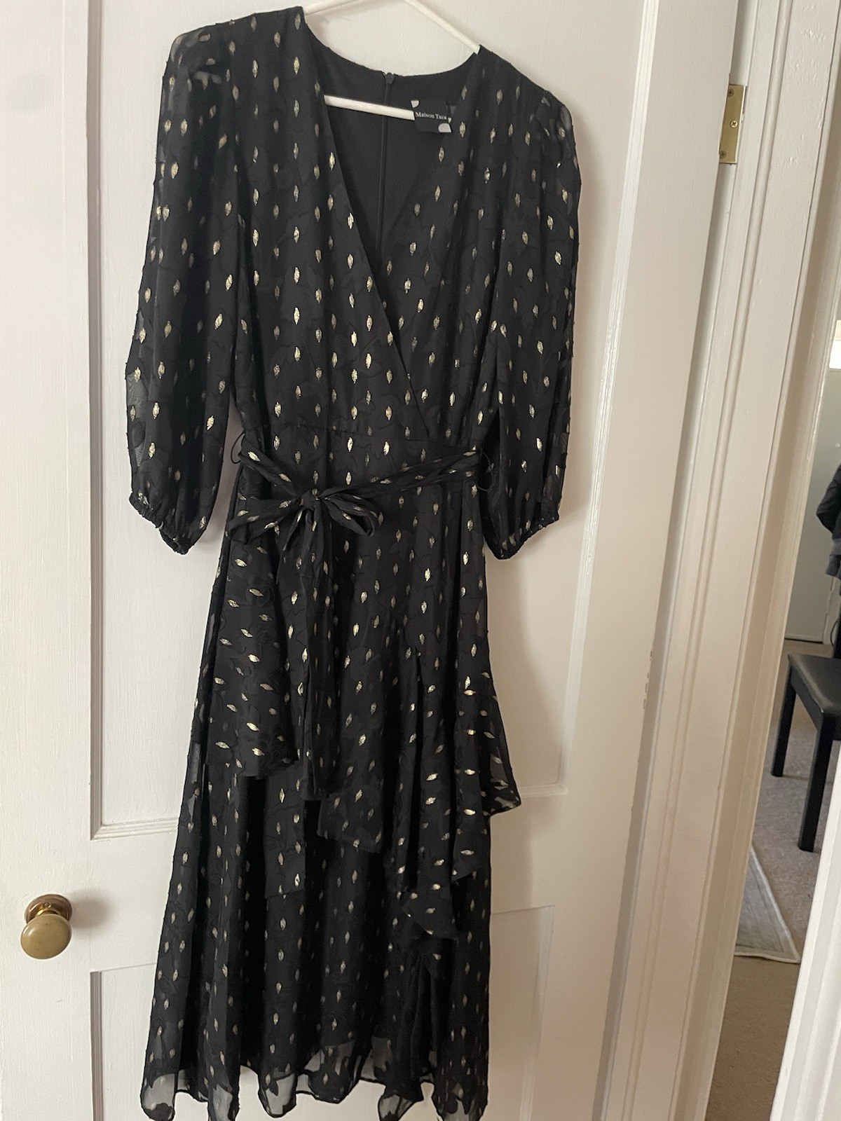 Maison Tara Vneck Black Gold Detail Long Ruffled Elegant Classy Classic Dress 6
