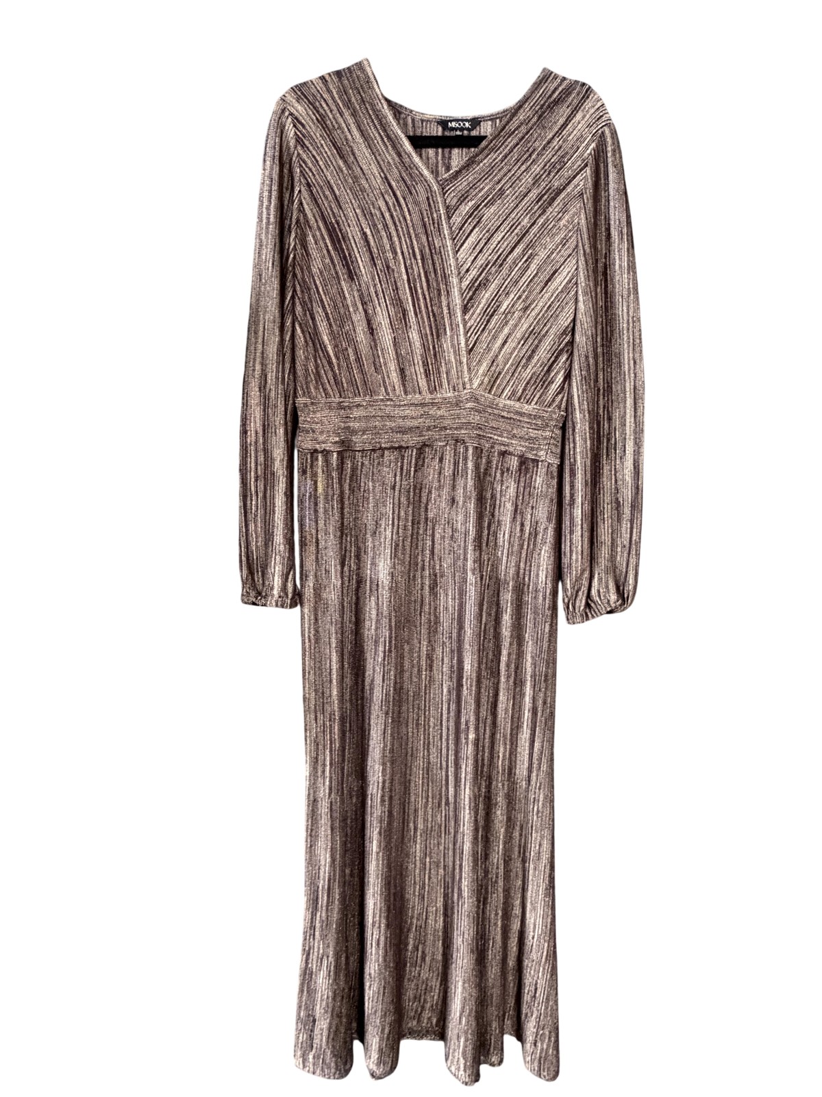 Misook Dress Womens Large Brown Striped Knit Pleated V Neck Long Sleeve Maxi