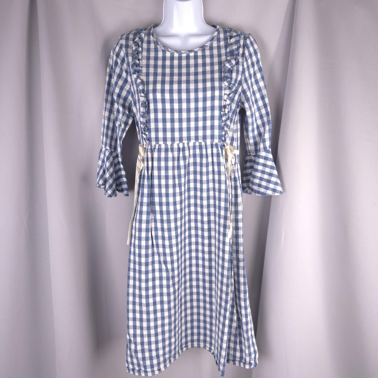 Blue Gingham Check Fit Flare Midi Dress Womens S Ruffle Bell Sleeve Cottagecore