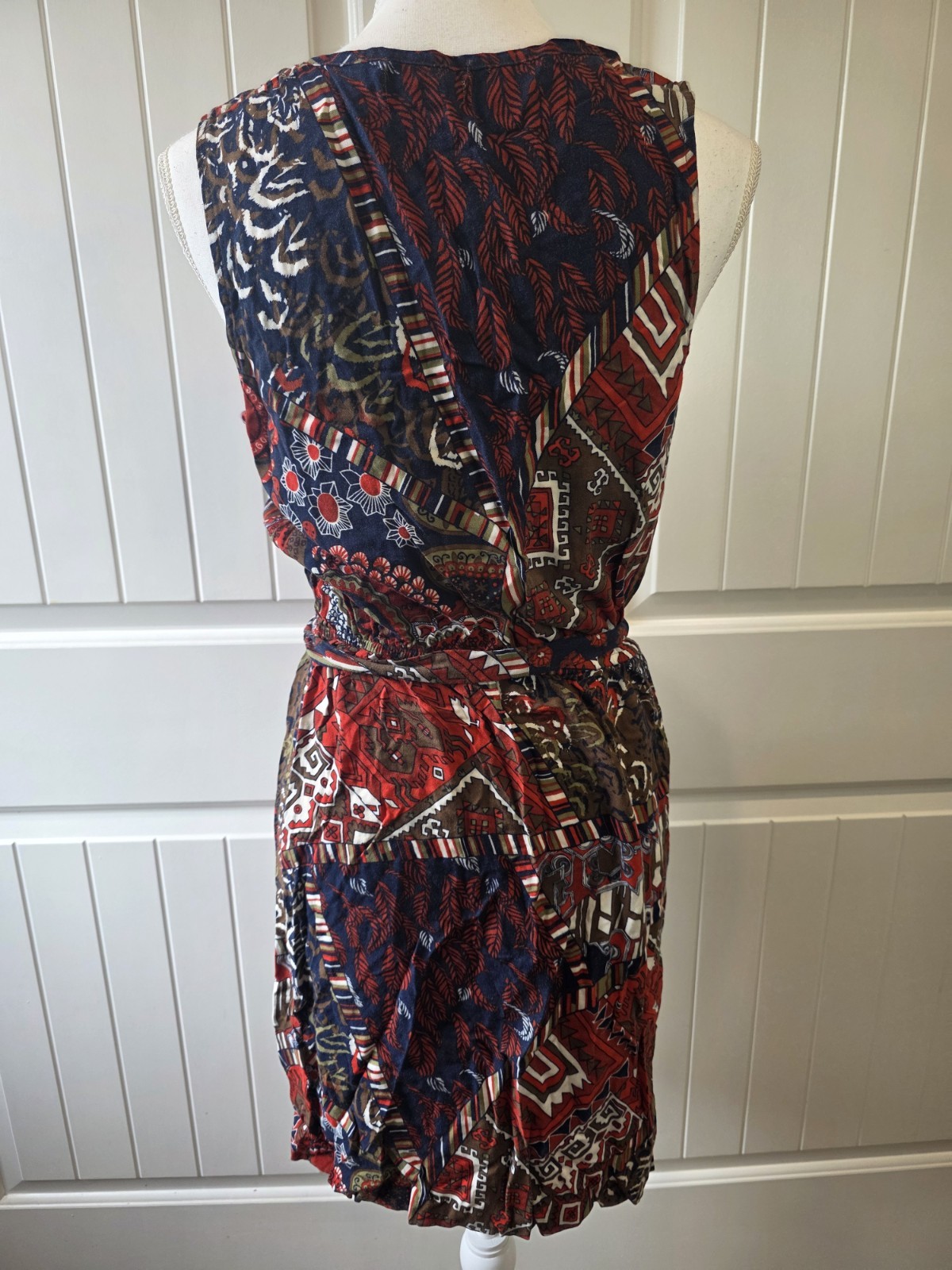 Lucky Brand NWT Patchwork Print Sleeveless Tie Waist Sz M Dress Boho Rayon