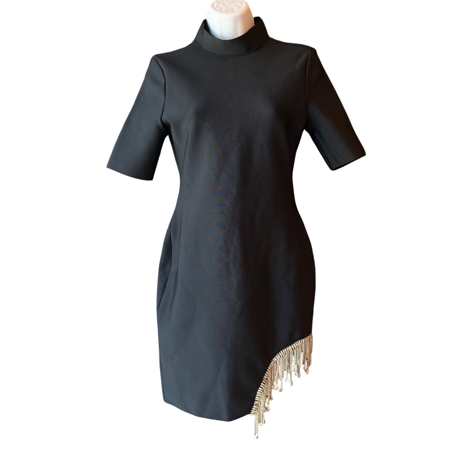 Bella Barnett Black Rhinestone Fringe Mock Neck Cocktail Dress Size Medium NWT