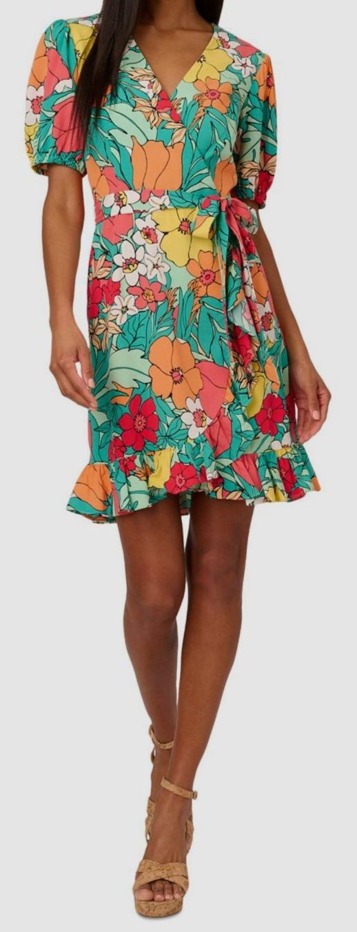 Adrianna Papell Women Green Lined Self Tie Floral Print Faux Wrap Dress Size 10