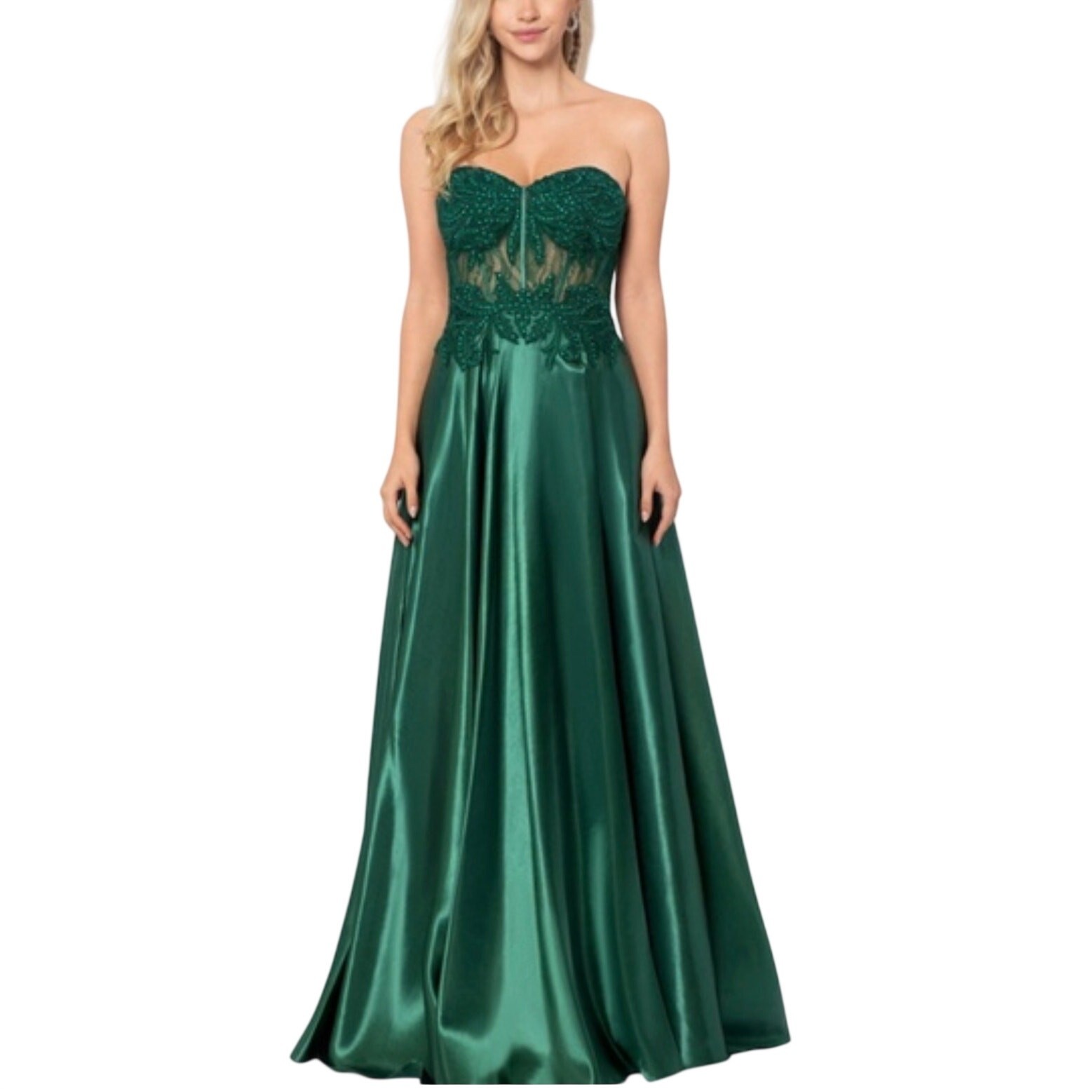Blondie Nites Green Evening Gown Beaded Satin Lace Backless Corset Dress Size 5