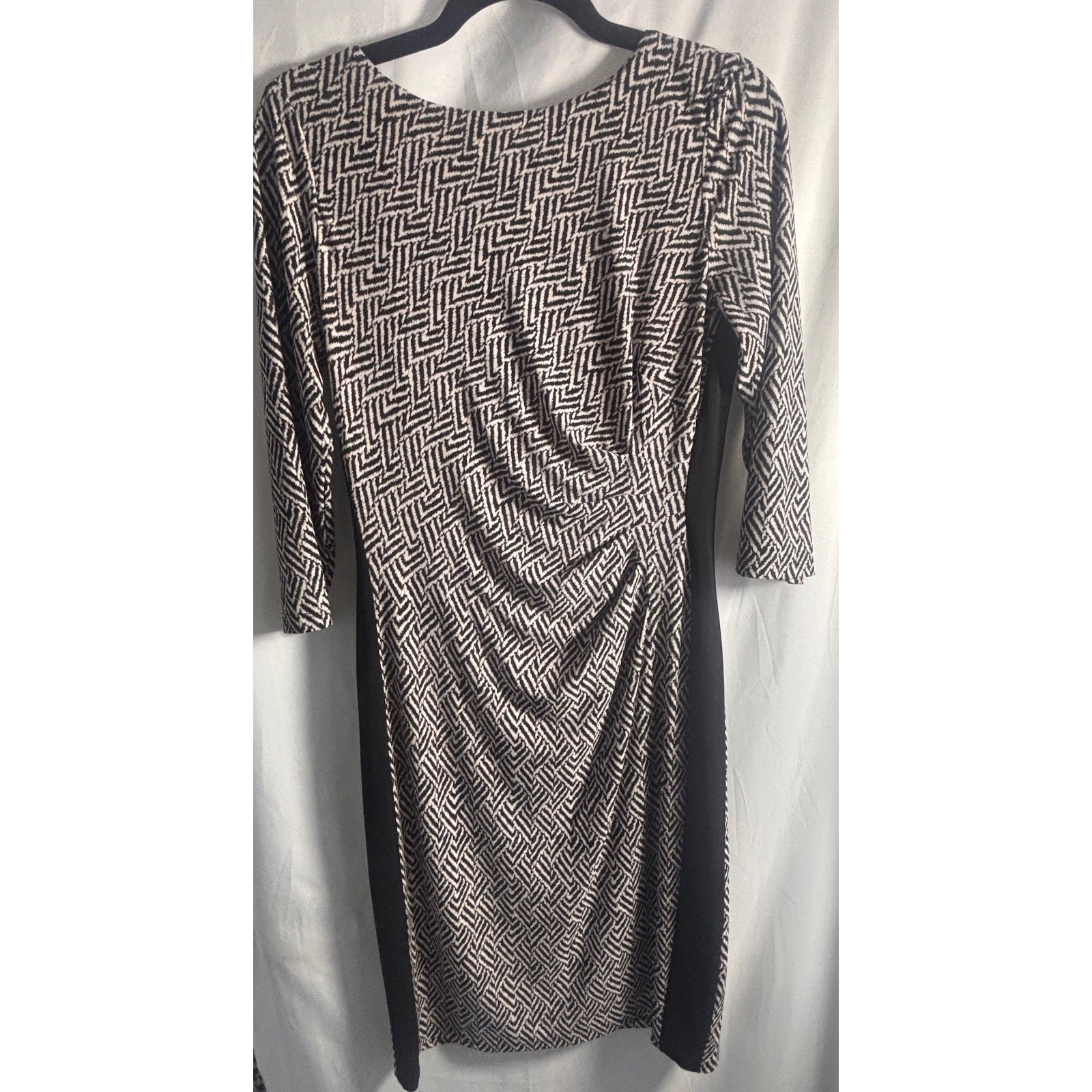 Lauren Ralph Lauren womens dress 8 black white sheath 3/4 sleeve side rouching
