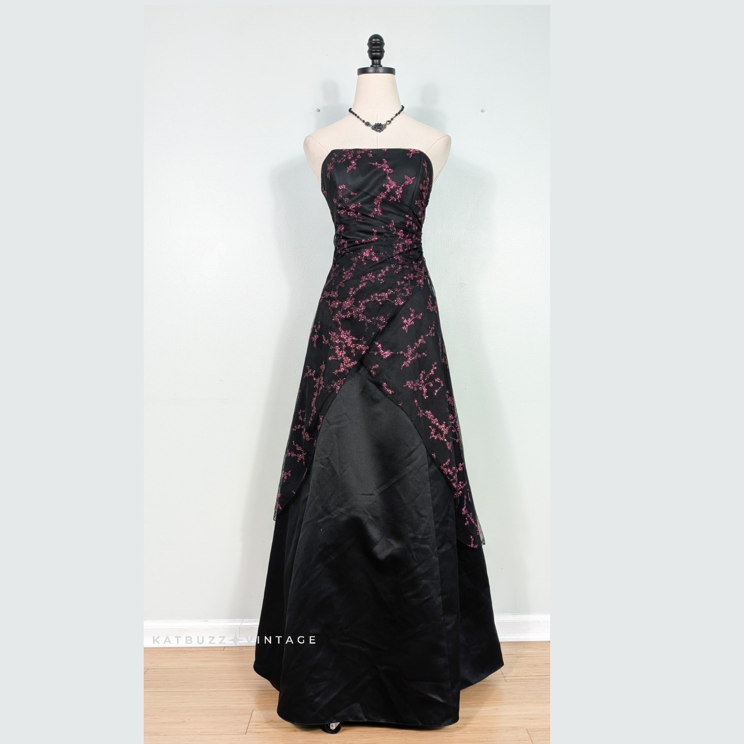 Vintage Jump Prom Dress Maxi Gown 10 Black Pink Strapless Princess Goth Tulle