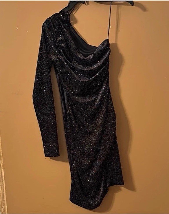 GB Black One-Shoulder Asymmetric Bodycon Dress Long Sleeve Glitter Short 3