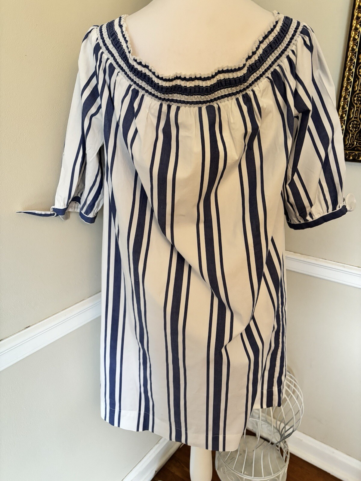 NWT Nautica Womens Size L White Blue Stripe Shift Dress Off Shoulder