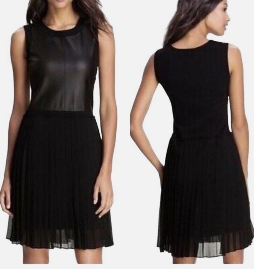 NWT BCBG MAXAZRIA SIZE S Cleo Mixed Media Faux Leather & Pleated Skirt Dress