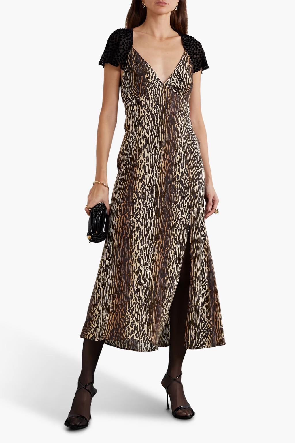 NWT RIXO Angelina cutout flocked leopard-print silk-crepe midi dress UK16/US12