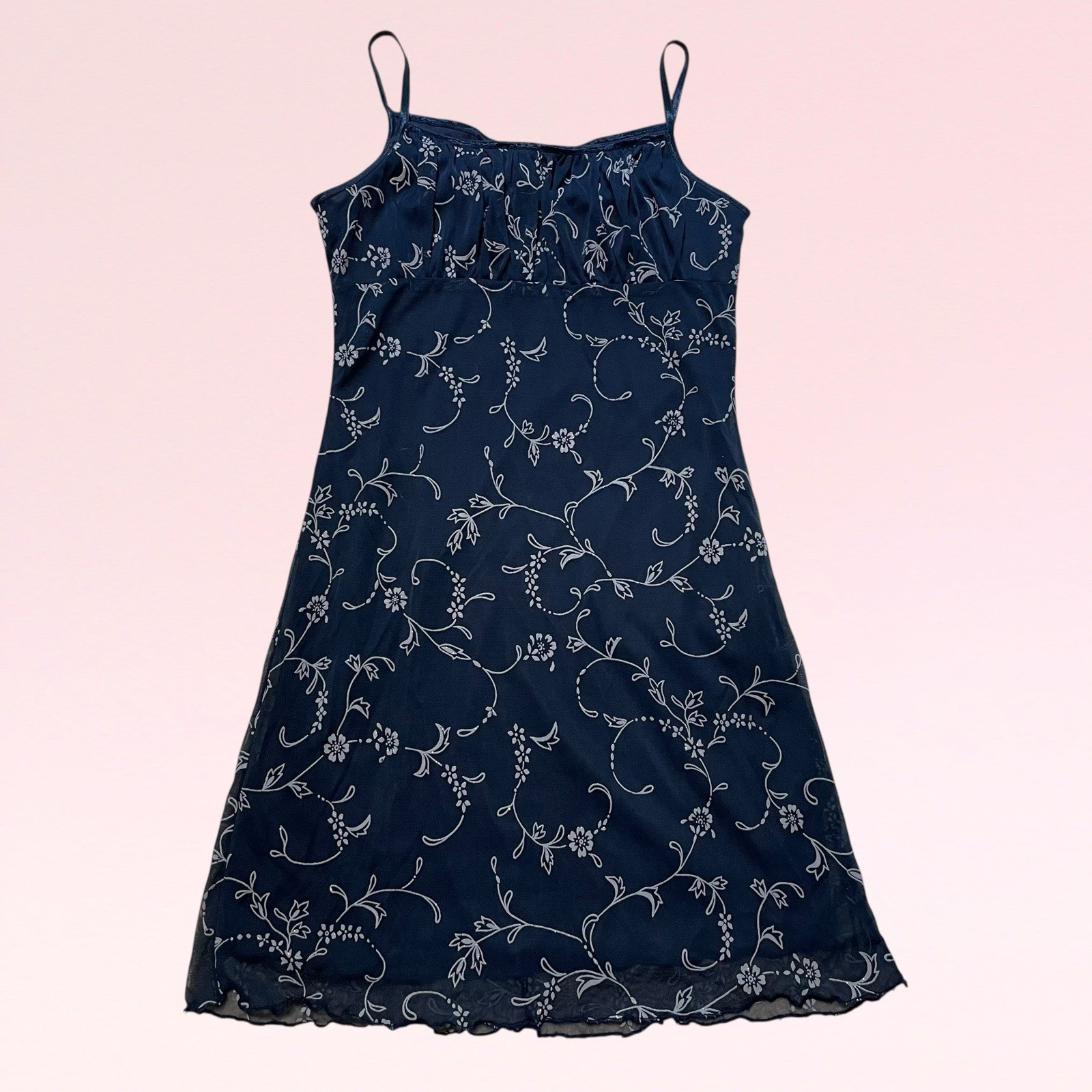 vintage y2k whimsy goth floral milkmaid navy blue mesh grunge slip party dress M