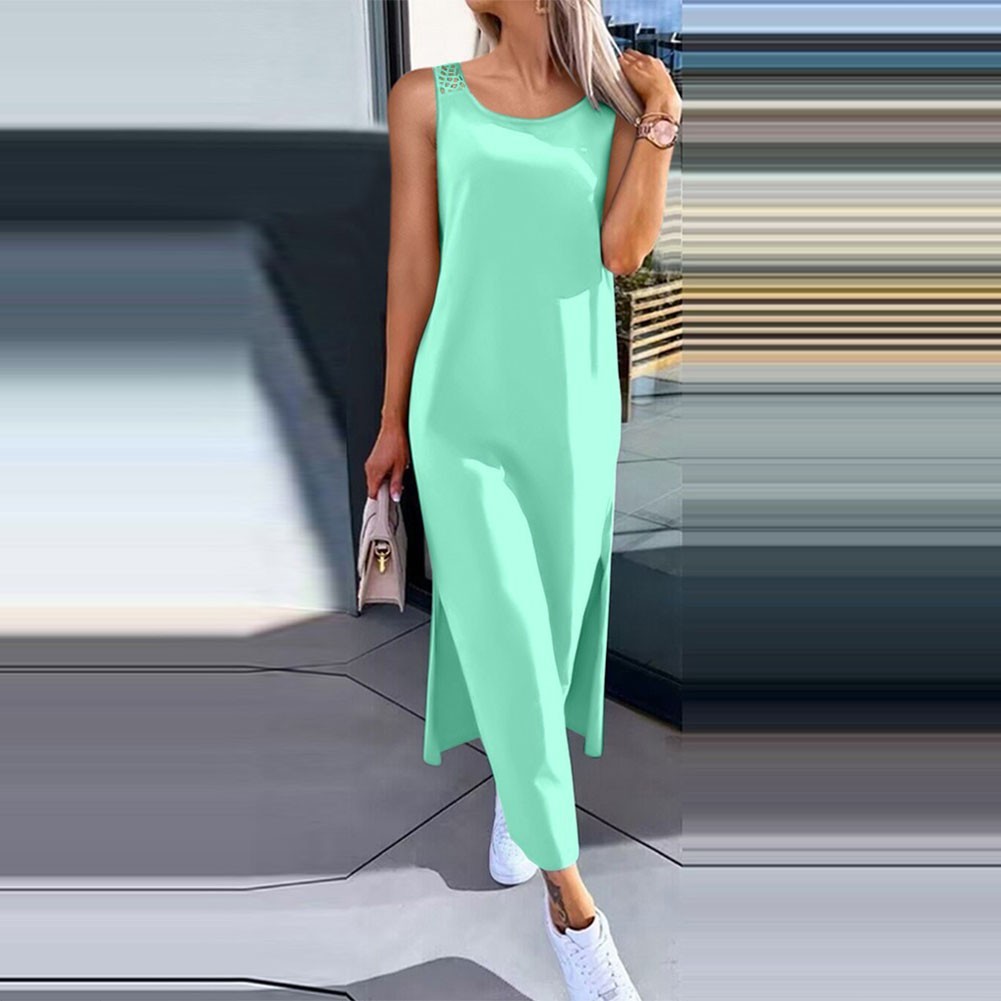 Women’s Openwork Sleeveless Slit Vest Dress Over The Knee
