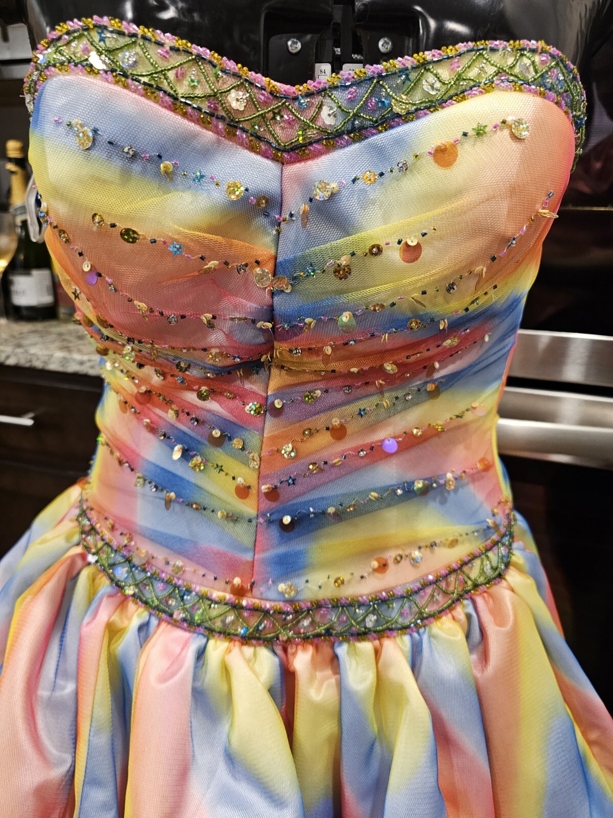 Xcite Pink Yellow Blue Beaded Sequin Pleated Multicolor Rainbow Ballgown 8