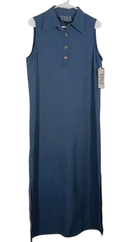 HSZ Studio Dress Womens Large Blue Sleeveless Collared Shirt Maxi Lyocell Blend