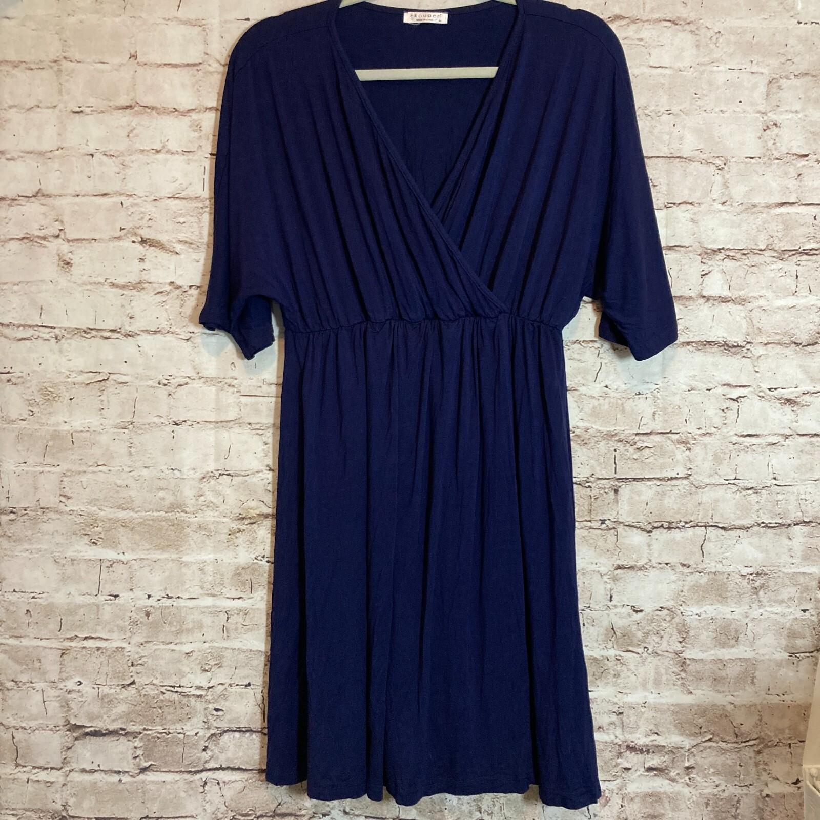 Ekouaer Babydoll Dress Womens Medium Navy Blue Ruched Dolman Sleeve Stretch