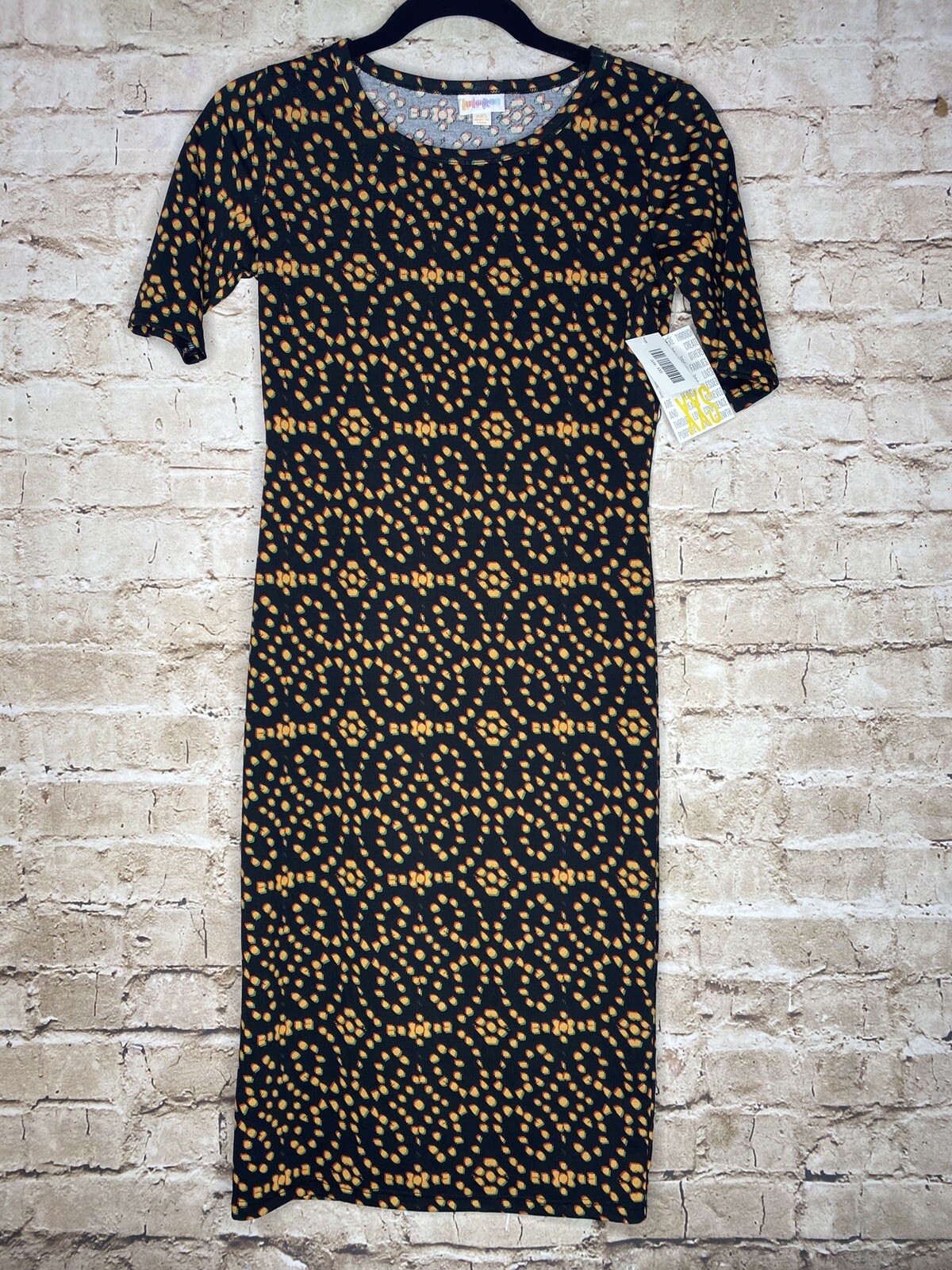 Lularoe Julia Dress XXS Geometric Black Gold Red Green Fitted NWT