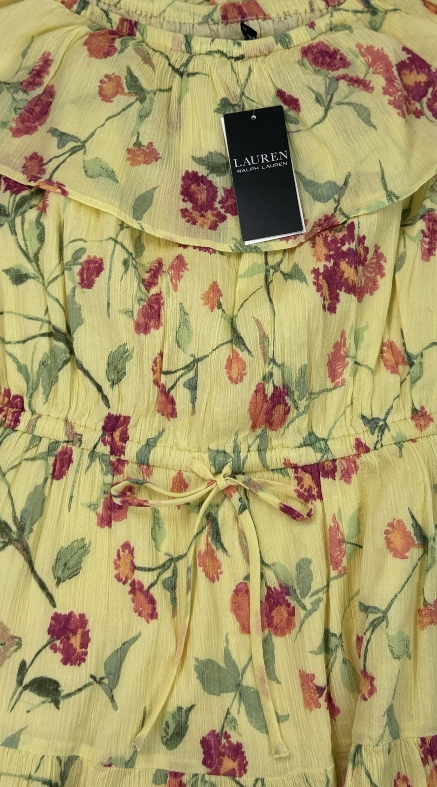Ralph Lauren Ruffle Georgette Dress Yellow Floral Crinkle Womens Sz 4 $145 NWT
