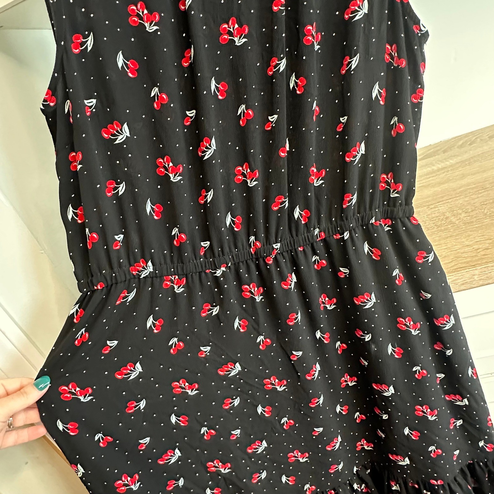 TALBOTS Cherry Print Fit & Flare Midi Dress Rockabilly Notch Neck Sz 16 Petite