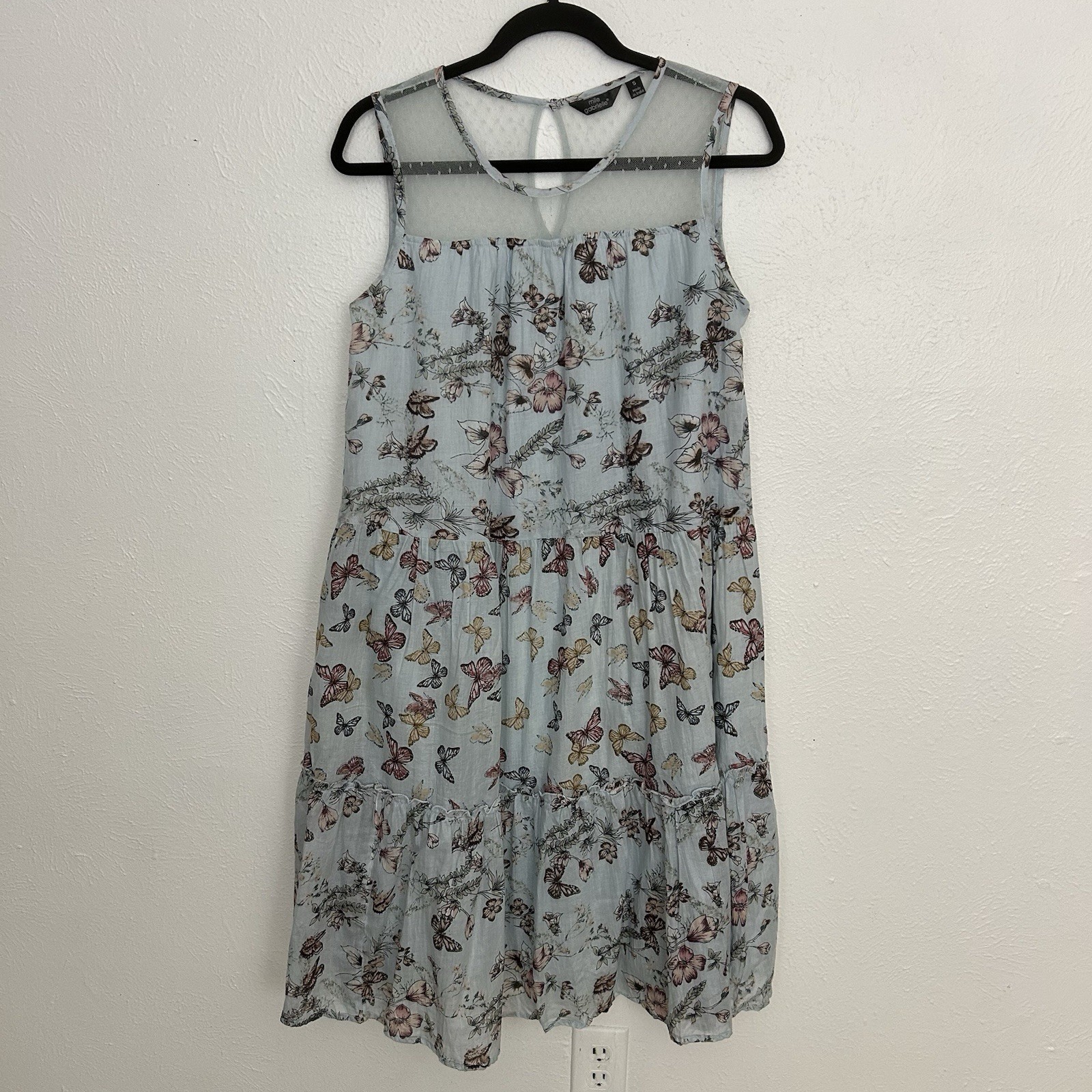 Mile Gabrielle Blue Butterfly Floral Tiered Dress Size S Lace Neck Sleeveless